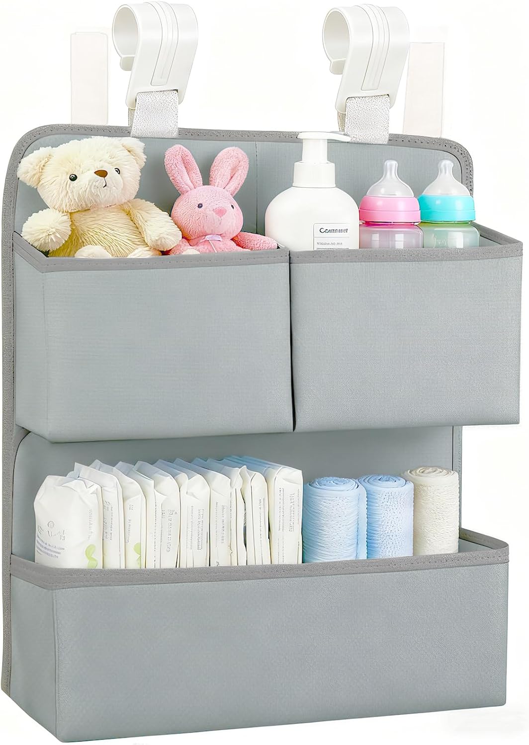 Hanging Diaper Organizer for Bassinet/Crib/Playpen/Playard – Hold 80+ Diapers - Changing Table Diaper Holder Attachment Accessories- Diaper Stacker Nursery Caddy Organizer (Gray)