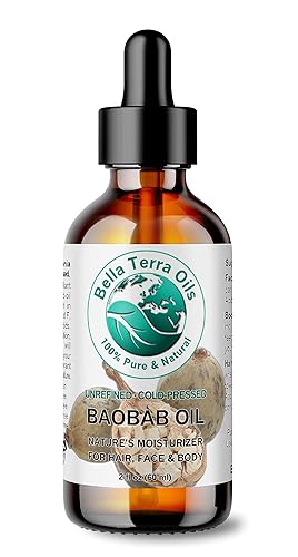 Bella Terra Oils Aceite de Baobab. 2 oz. prensado en frío. Sin refinar. Orgánico. 100% puro. Suaviza la piel seca áspera. Hidratante natural.