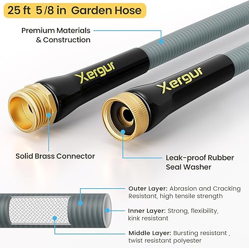 Miniatura 2 de Manguera de agua flexible para jardín, manguera de agua de 25 pies con accesorios de latón macizo, manguera de agua duradera de 12 pulgada sin