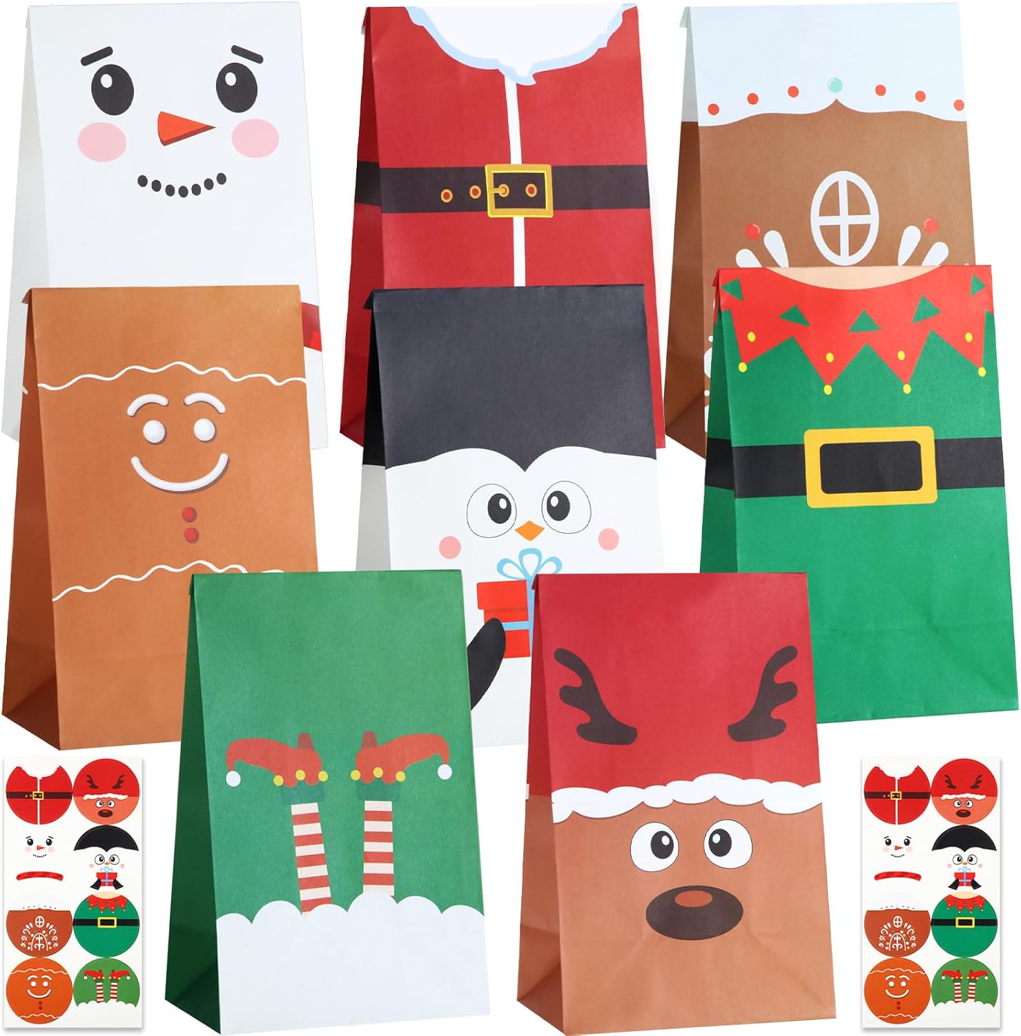 24 Christmas Goodie Bags With Sealing Stickers - Kraft Paper Treat Bags For Cookies & Candy