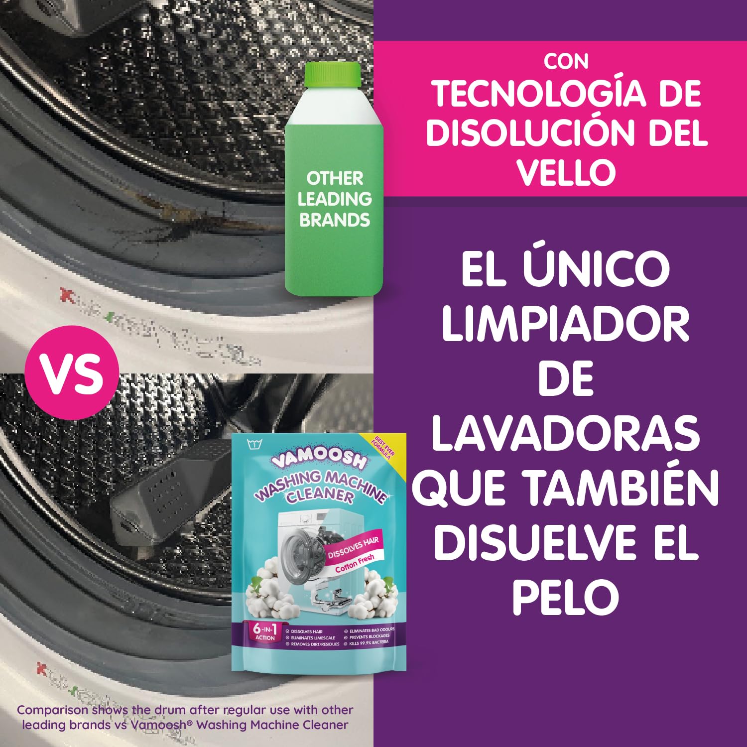 Vamoosh Limpiador de Lavadoras 6 en 1, Aroma Algodón Fresco. Disuelve pelo, elimina olores y cal, limpia en profundidad, deja olor fresco, antibacteriano, desincrusta, 6 lavados