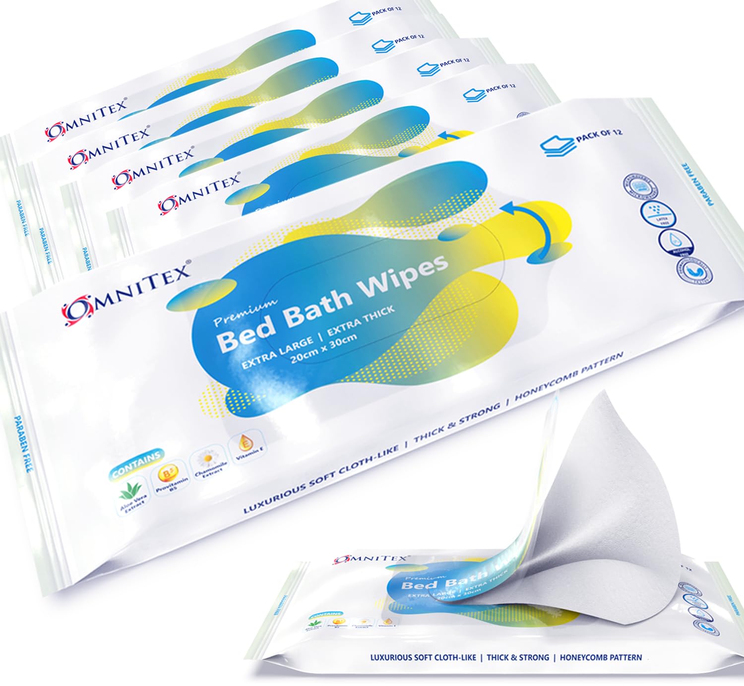Omnitex 60x Extra Thick Premium Bed Bath Wipes - Microwaveable | Extra Large, Rinse Free Body Cleansing for Elderly | With Aloe Vera & Vitamins | Cleanse & Protect | Paraben & Alcohol Free | 5x 12pk