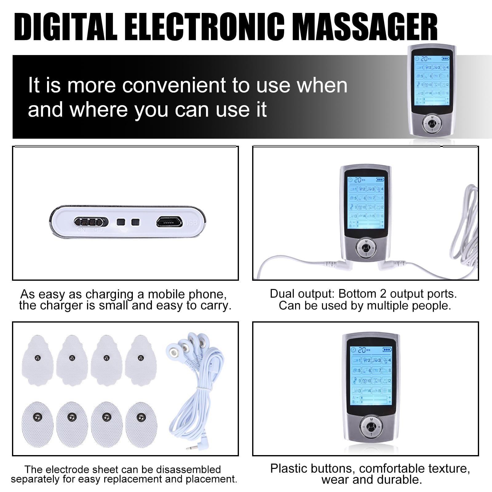 Appareil TENS - 16 modes - Électrodes de stimulation rechargeables contre la douleur - 16 programmes d'entraînement - 20 niveaux d'intensité - 2 canaux - Électrodes de qualité supérieure - Appareil