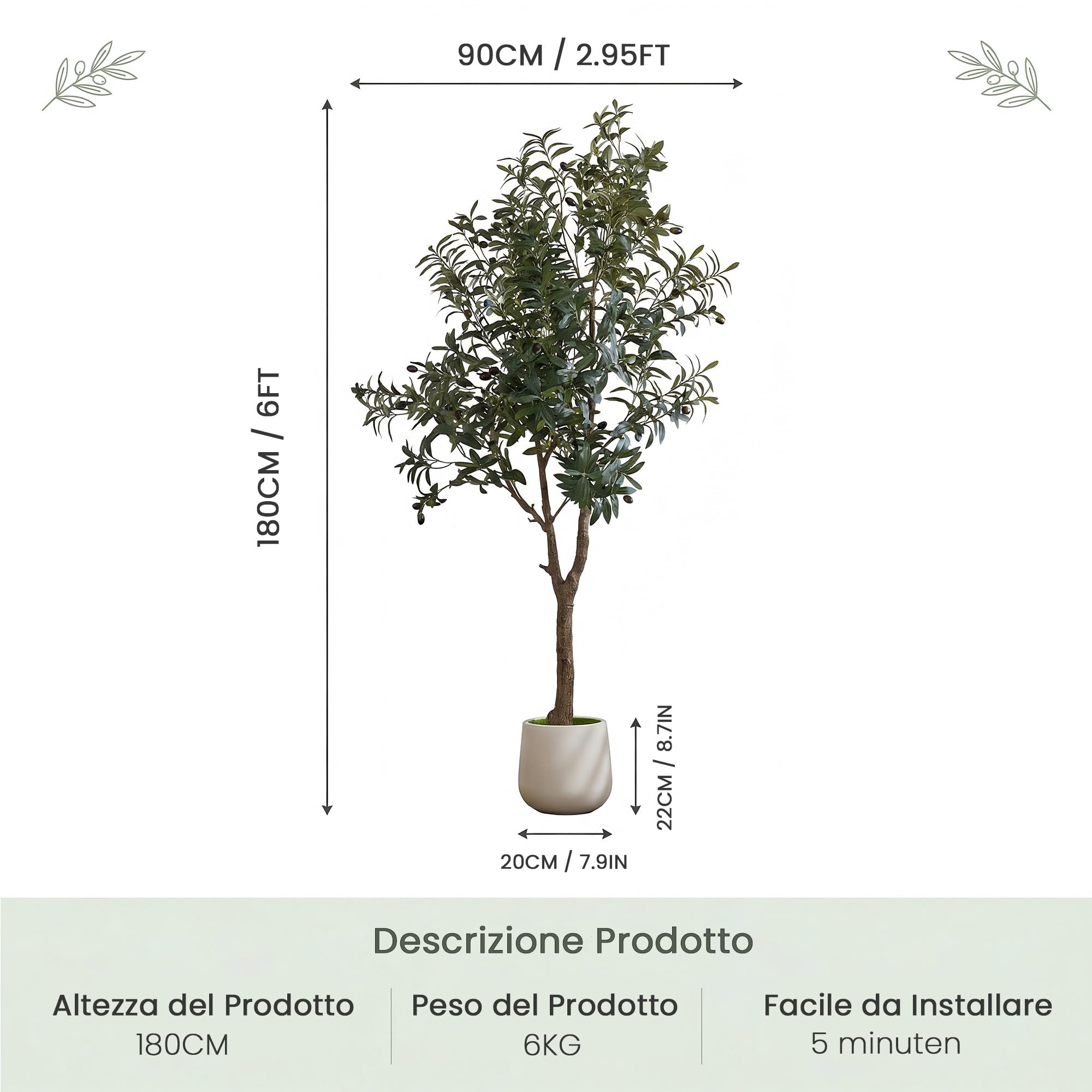 ZKIODV Ulivo Piante Finte da interno Alta, 180 cm Albero di Ulivo Artificiale con Vaso Bianco, Pianta Finta Realistica Decor, Piante Artificiali per Casa Ufficio Hotel, Interno/Esterno, Olive Tree