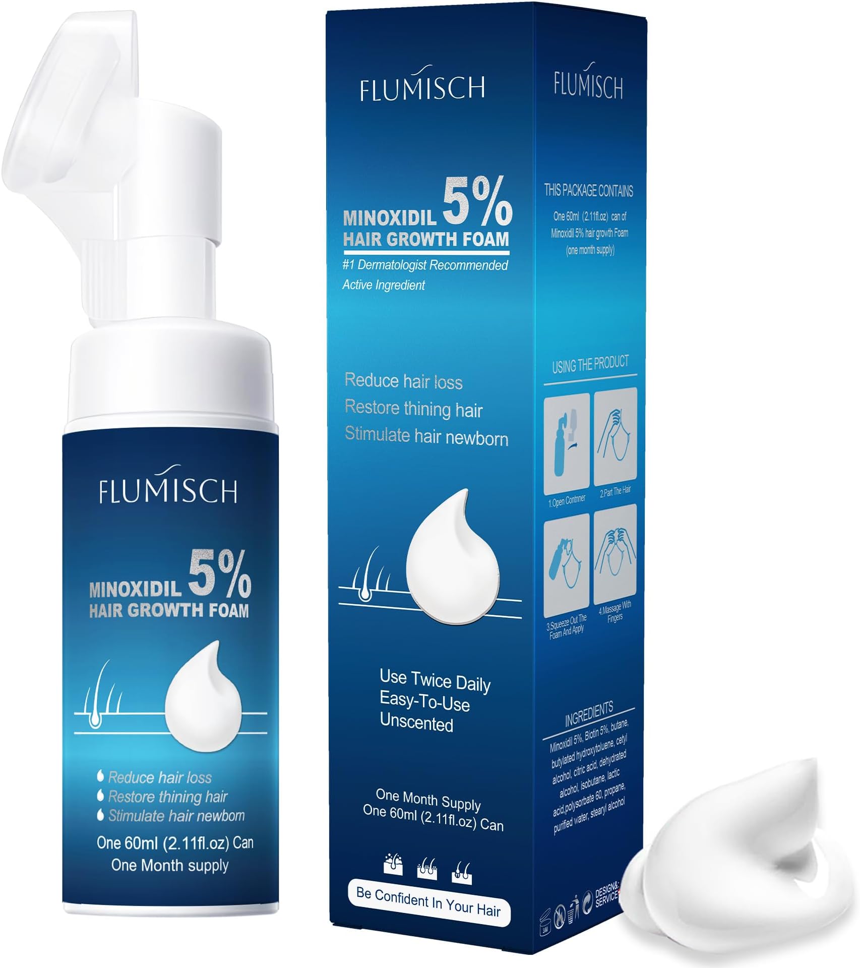FluMisch 5% Minoxidil Foam for Men, 5% Biotin and 5% Minoxidil Use for Hair Growth, Slows Hair Loss and Promotes Hair Regrowth, 1 Month Supply
