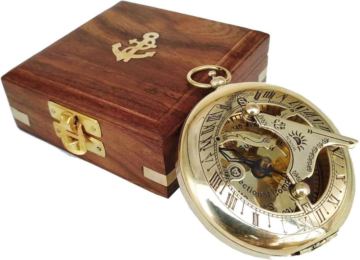 Steampunk Accessory - Antique Brass Compass Engraved with Wooden Case Maritime Nautical Gift Baptist Pirate