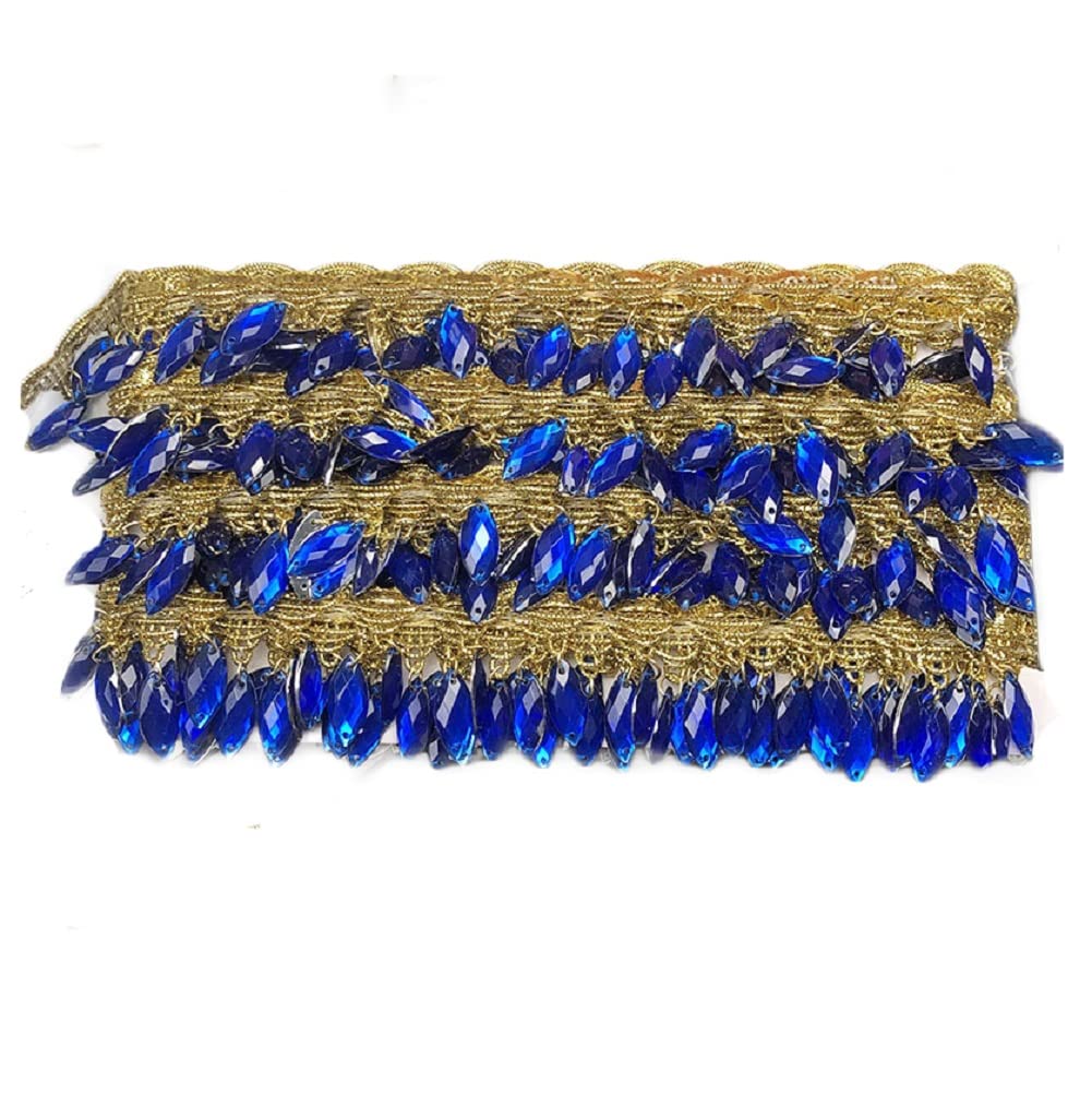 Yalulu 4.5 Yards Crystal Beads Fringe Trim, Polyester Beaded Lace Tassel Fringe Trimming for Latin Dress Stage Clothes Lamp Shade (Gem Blue)