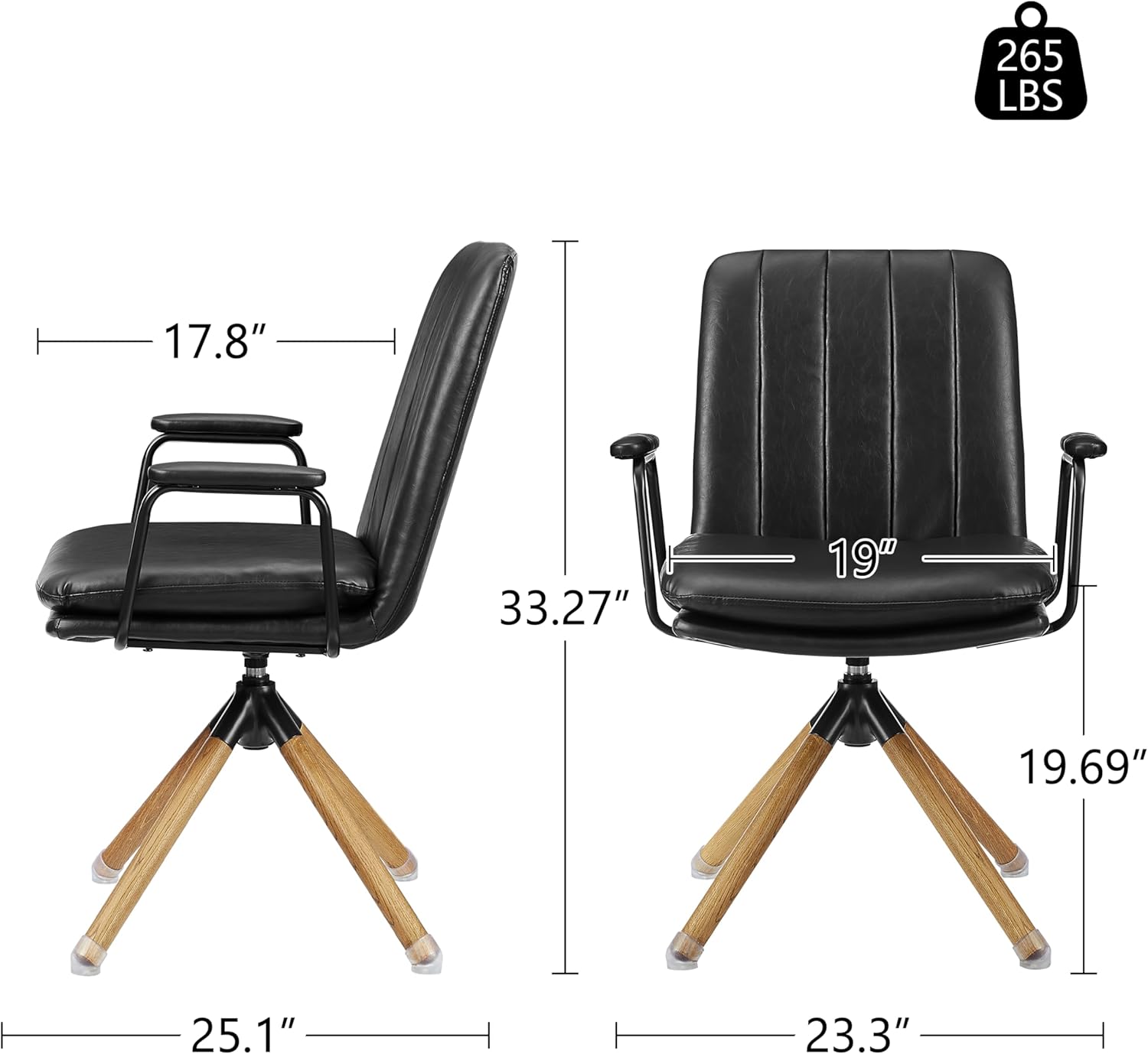 Art Leon Mid Century Modern Chair, Oak Legs Swivel Accent Chair No Wheels, Faux Leather Armchair for Small Spaces Home Office Living Room Bedroom, Black