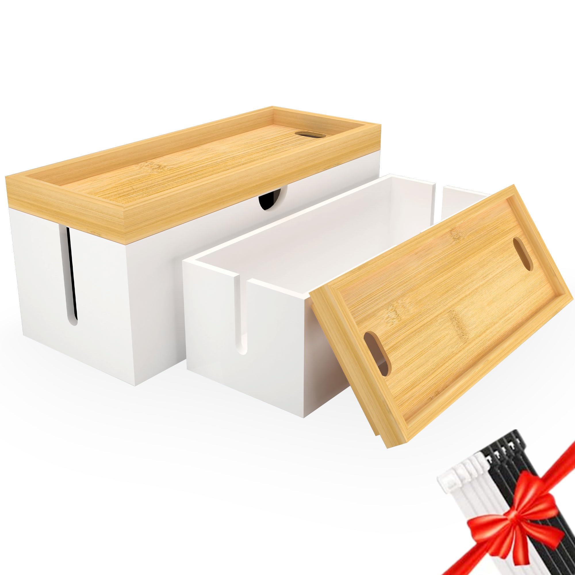 Caja organizadora de cables de bambú, caja organizadora de cables grande para ocultar cables y regletas de alimentación para escritorio, soporte de cables para oficina y hogar, no requiere montaje