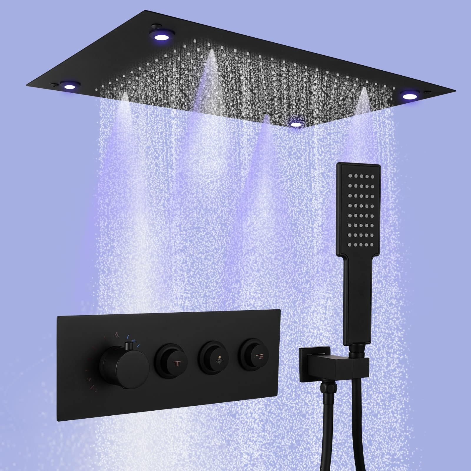 Black Rain Shower System, 24" Thermostatic Atomizing Shower System with Rain Shower and Handheld Shower, Smart LED Ceiling Rainfall Shower Combo Set