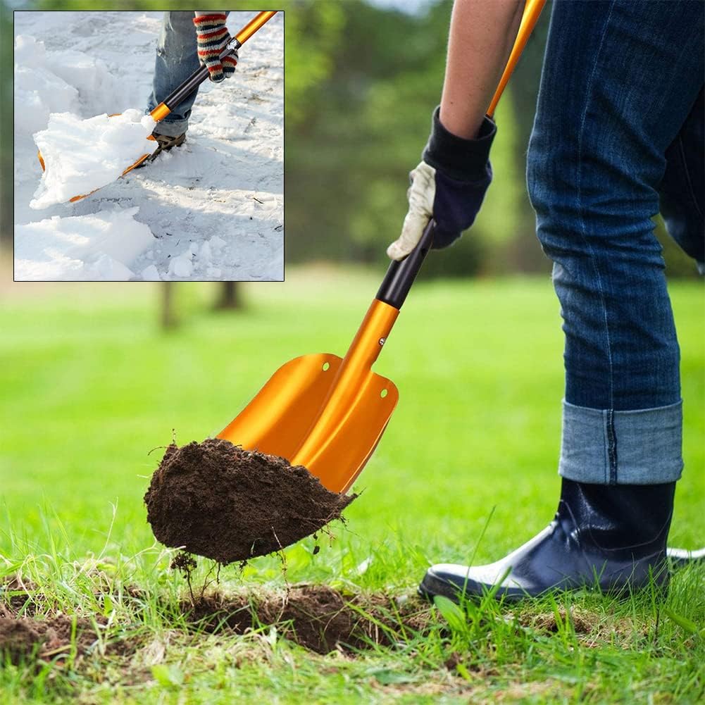 review Folding Emergency Snow Shovel 54-108CM Adjustable Aluminum Lightweight Portable Sport Utility Shovel for Car Trunk Camping Garden Beach with Storage Bag (1 Gold)