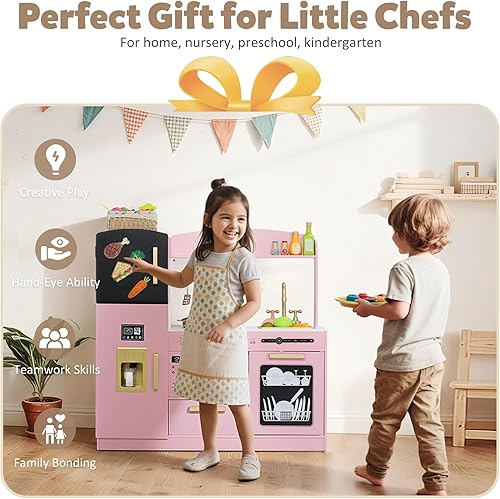 Vista 5 de Juego de cocina de simulación para niños, juego interactivo de madera con diseño realista, fregadero, microondas, máquina de hielo, lavavajillas