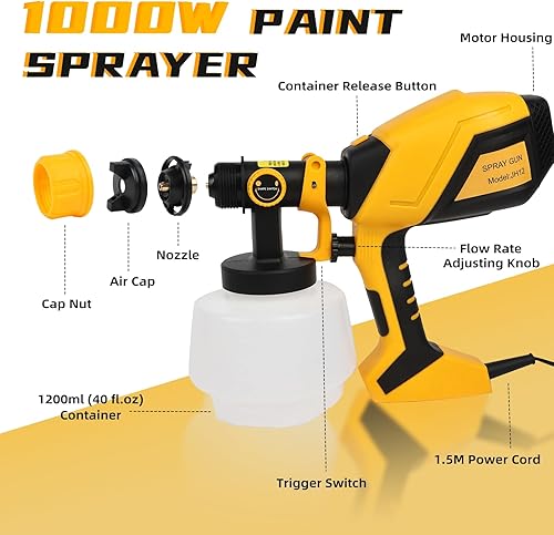 Miniatura 2 de Pulverizador de pintura HVLP de 1000 W, pistola eléctrica de alta eficiencia con 6 boquillas, 3 patrones y flujo ajustable, recipiente desmontable