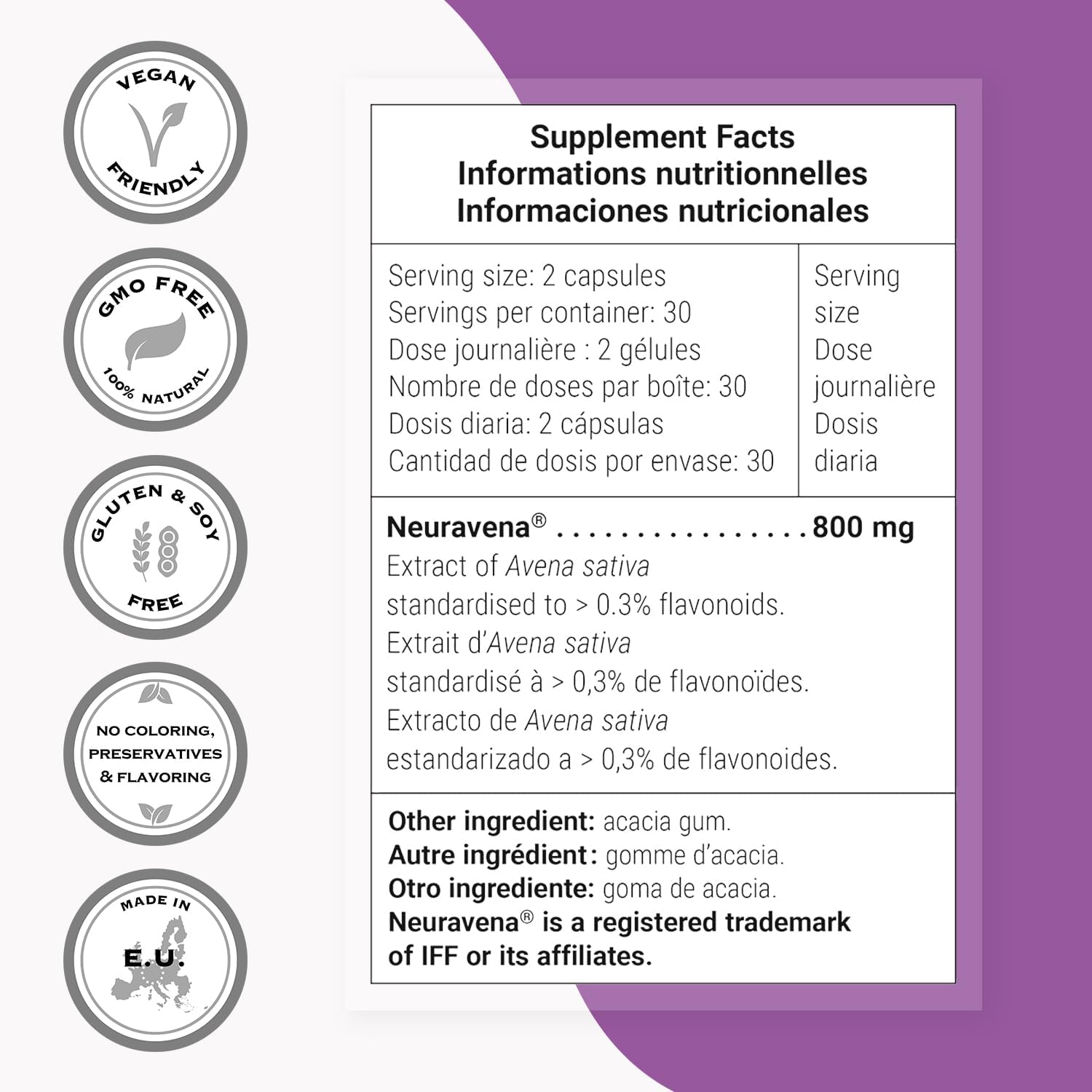 Supersmart - Natural Dopamine Support 800 mg Per Day - Neuravena® Extract of Avena Sativa Standardized to 0.3% Isovitexin - Brain Supplement | Non-GMO & Gluten Free - 60 Vegetarian Capsules - Image 4
