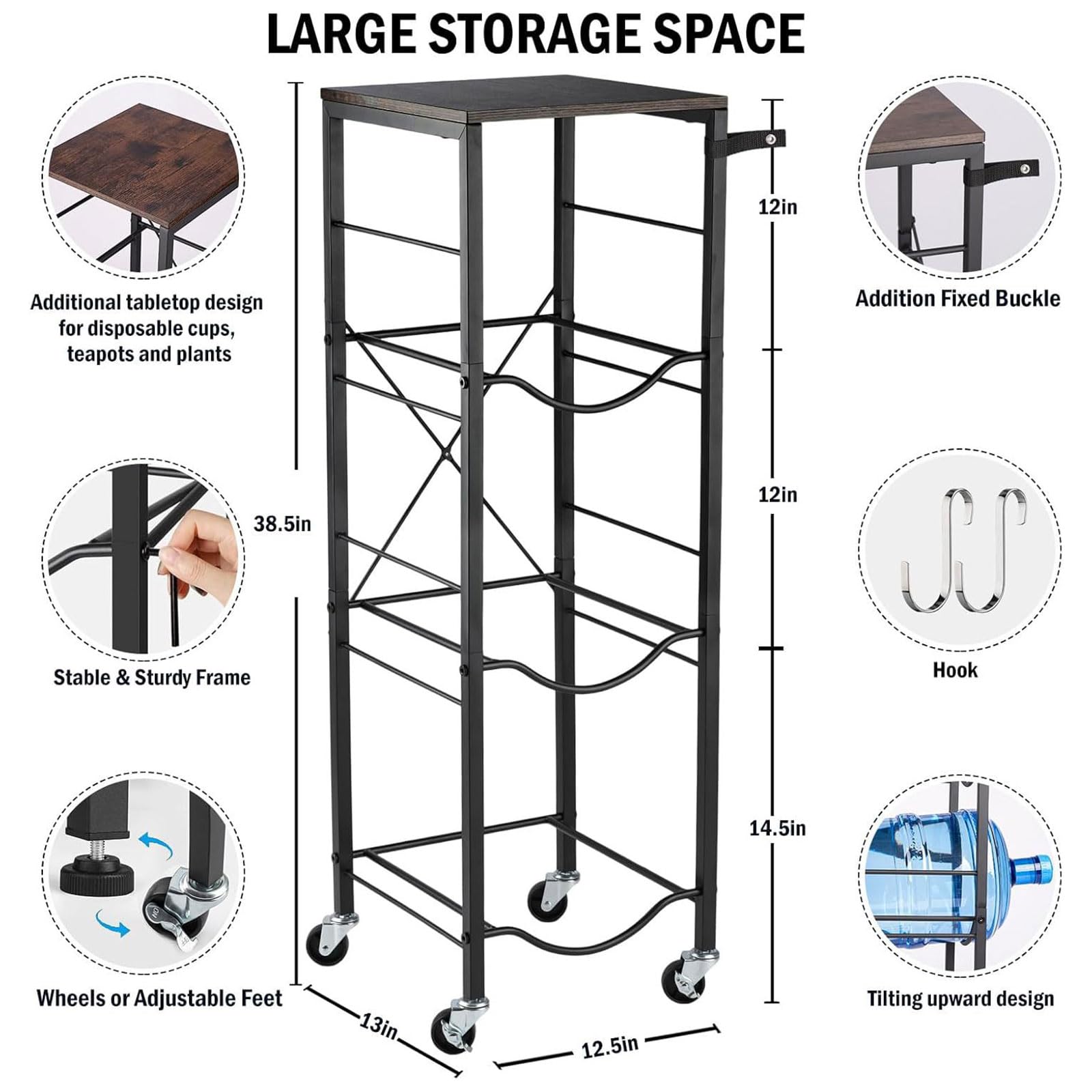 Soporte vertical para cubo de agua de tres capas con rodillos para el hogar y uso, estante de acero al carbono resistente