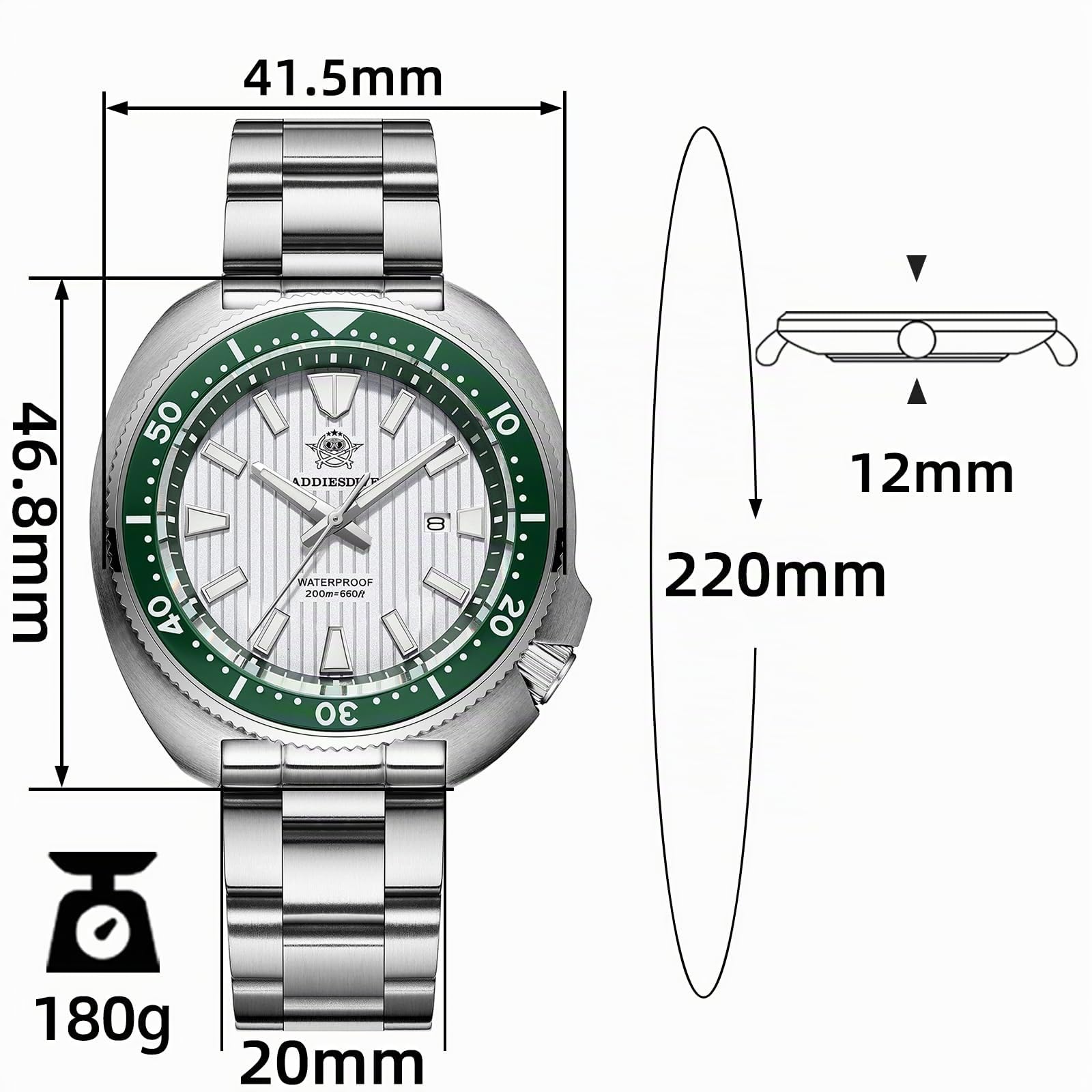 ADDIESDIVE Reloj de Buceo para Hombres 200m Cristal de Zafiro Esfera con Patrón 3D de Persianas Bisel de Cerámica Luminoso Movimiento de Cuarzo japonés Reloj de Acero Inoxidable AD2507