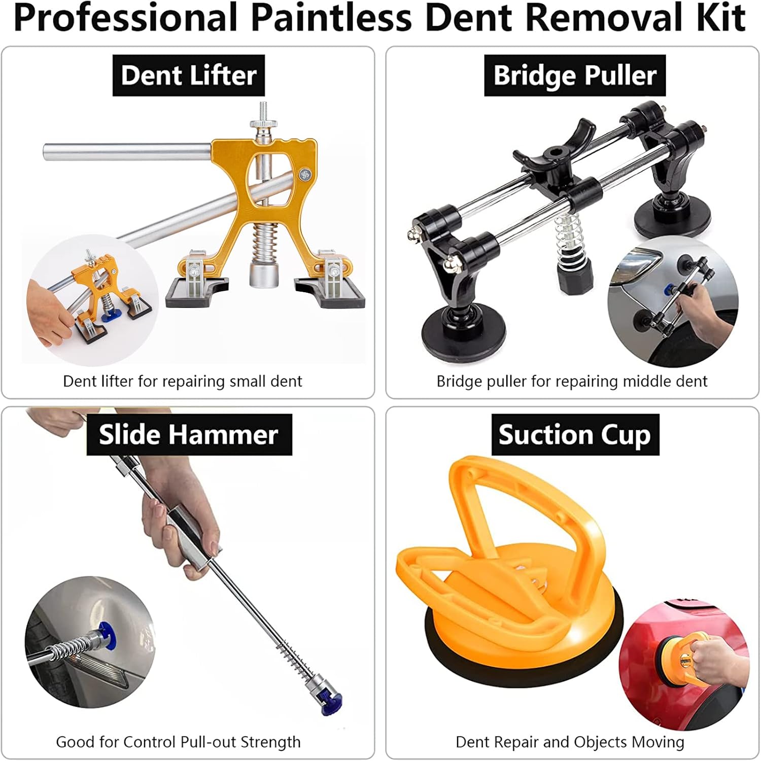 ZEUSFIRE Dent Puller Kit, 97 PCS Paintless Dent Removal Kit with Double Pole Bridge Puller, Slide Hammer T-bar Dent Puller, Golden Lifter, Suction Cup, and Glue Gun for Car Dent Repair