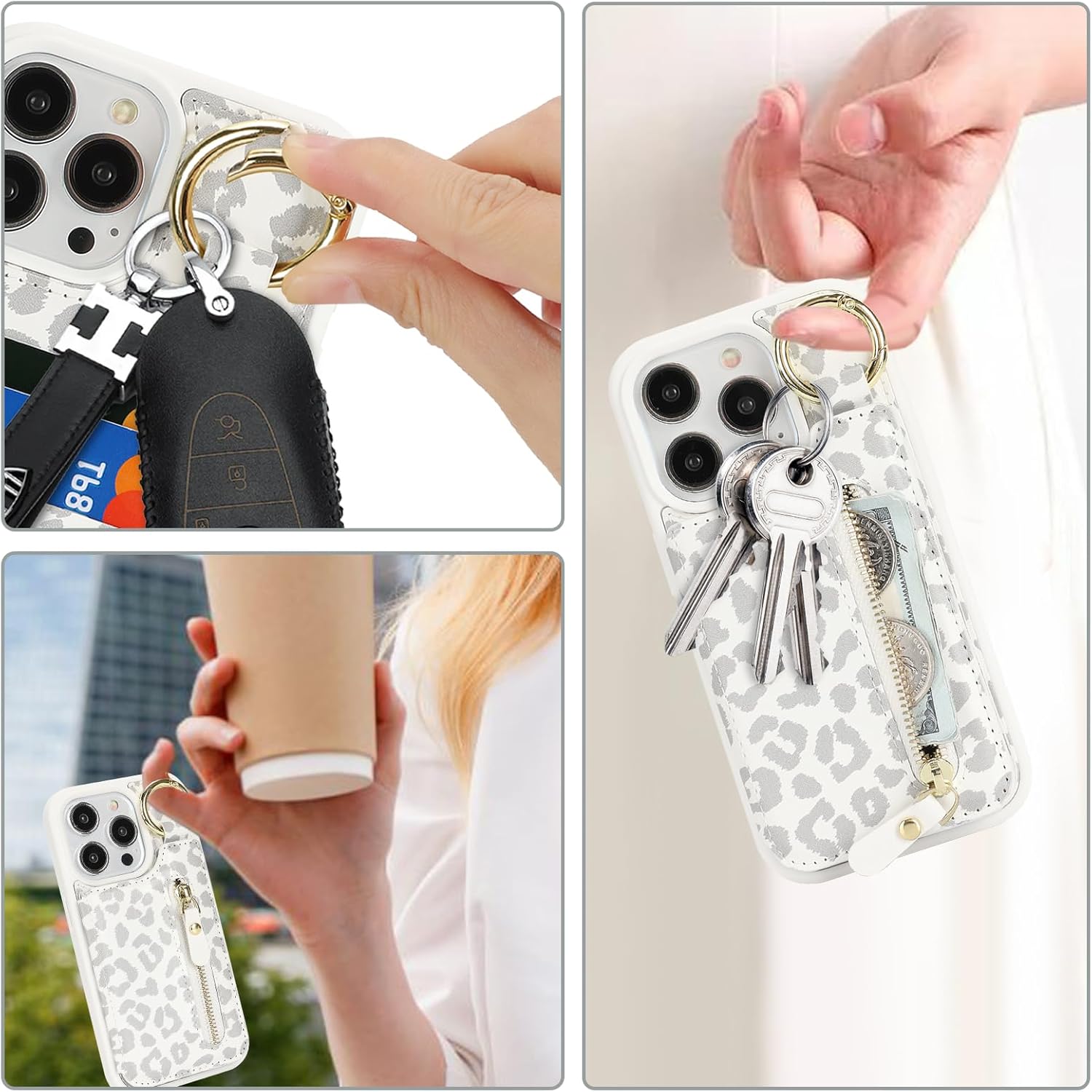 Havaya for iPhone 15 pro max case Wallet with Card Holder for Women Men Shockproof Phone case with Keychain Ring Stand Leather Zipper Credit Card Slots-White Leopard Print - Image 2