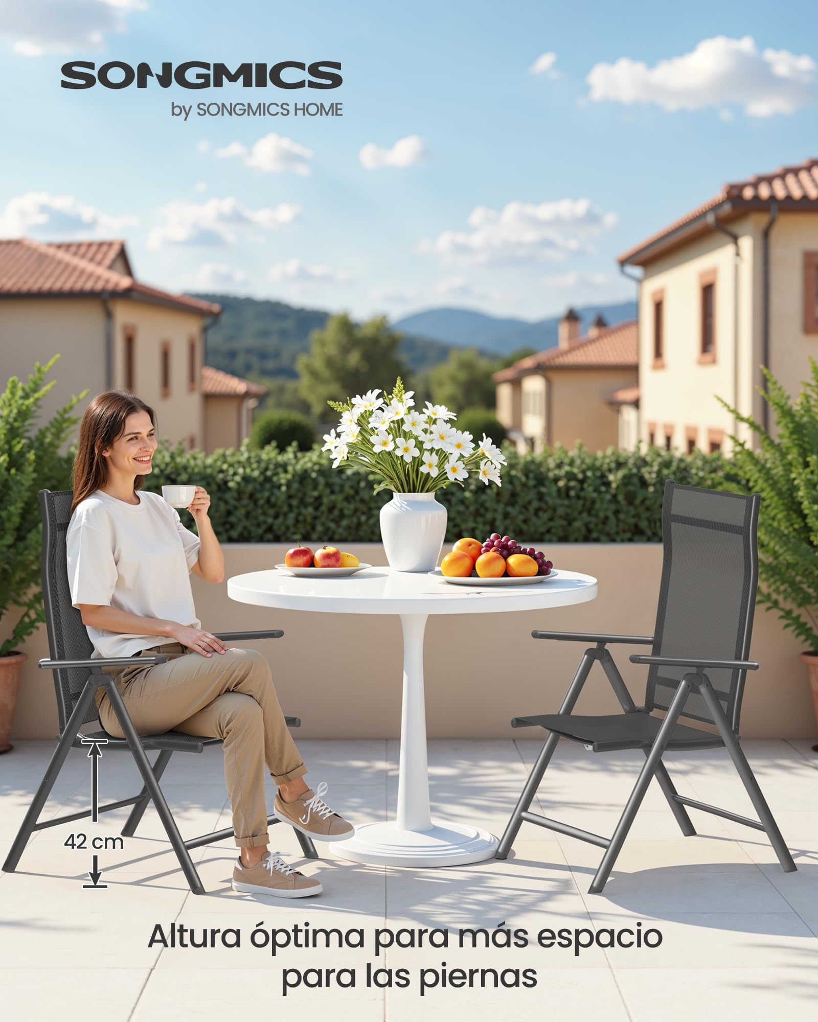 SONGMICS - Silla de jardín Plegable, Juego de 2, Asiento al Aire Libre, Marco de Metal, Respaldo Ajustable en 8 Posiciones, Capacidad de Carga 150 kg, Negro GCB29BK