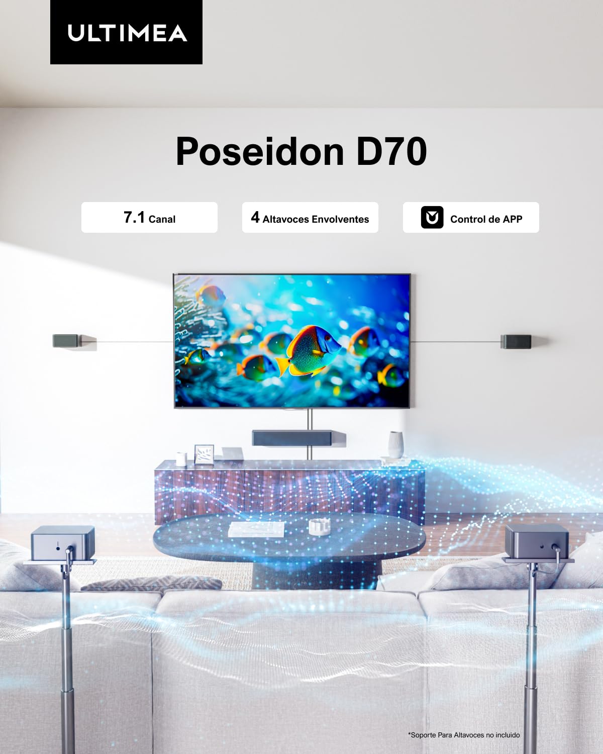ULTIMEA 7.1 Barra de Sonido TV, Sistema de Sonido Envolvente Virtual, Control por App, 410W, Barra Sonido con Subwoofer y 4 Altavoces Envolventes, Bluetooth 5.3, Poseidon D70