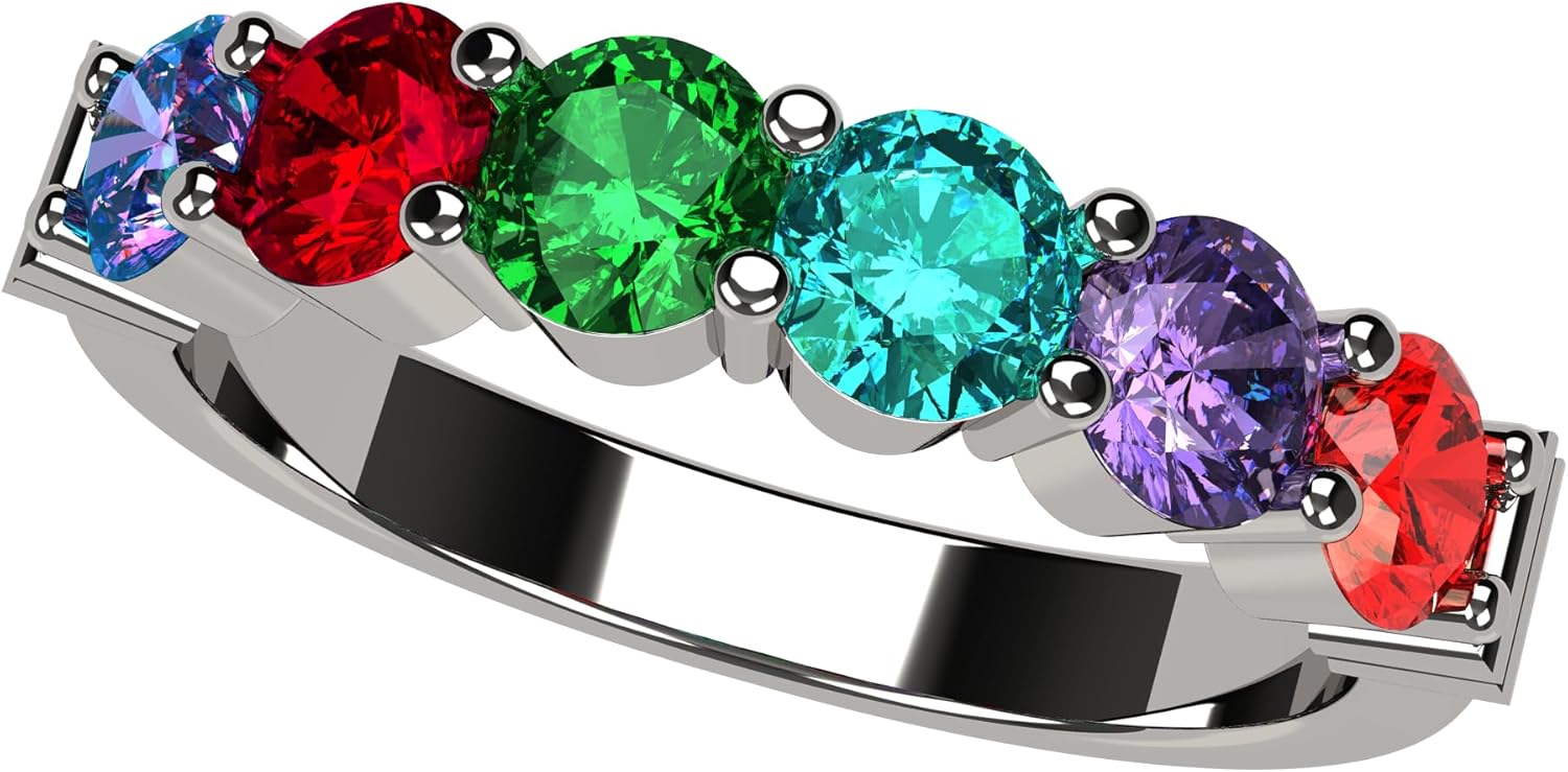 Central Diamond Center Shared Prong w/Sides Mothers Birthstone Ring w/ 1-6 Simulated Gemstones in Sterling Silver, 10K, or 14K Gold