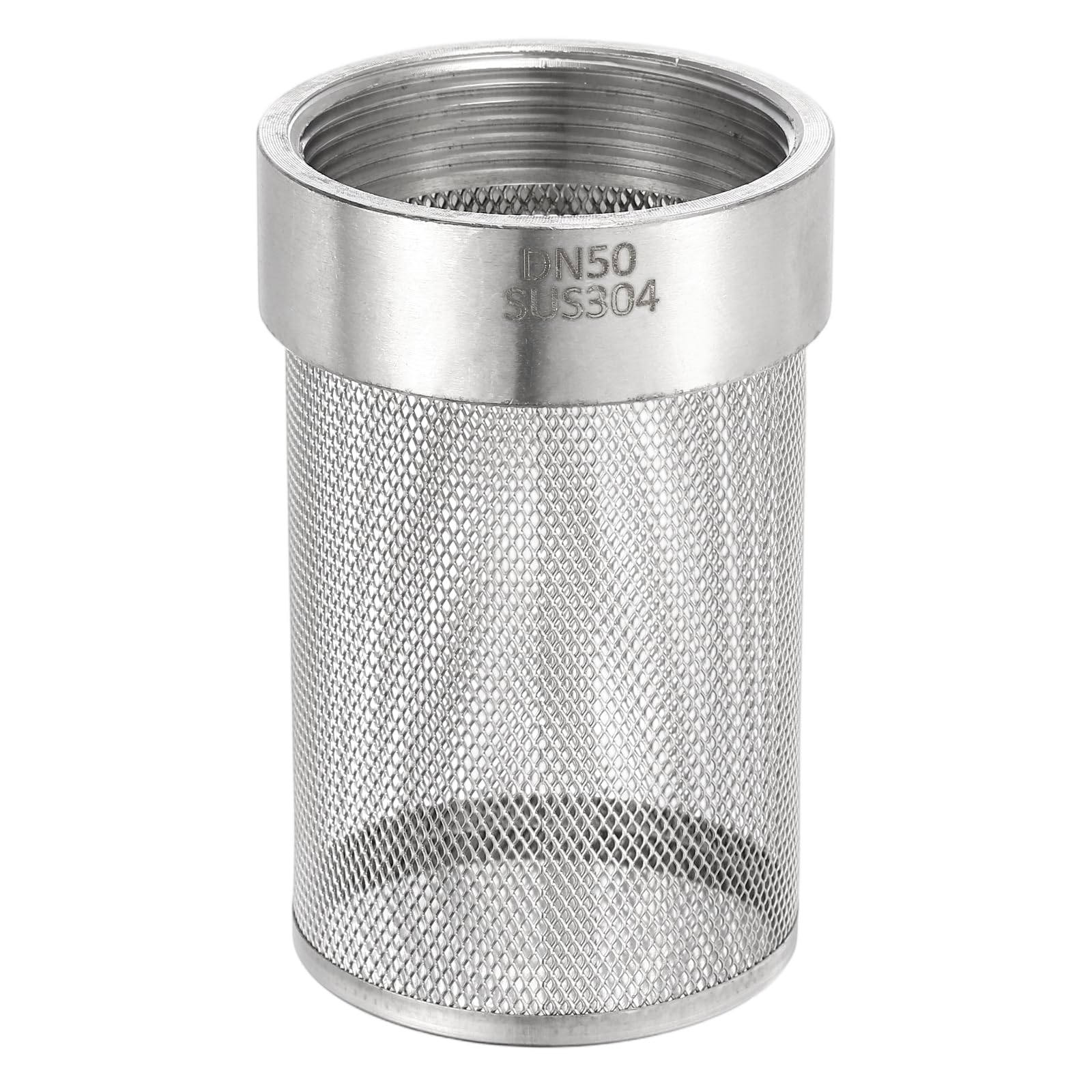 sourcing map 2 Inch 304 Stainless Steel Filter Cover, Hose Inlet Suction Strainer Filter, Connected to DN50 2" PVC Water Pipe to Reduce Solid Entry (107mm Length, 57mm Thread Dia)