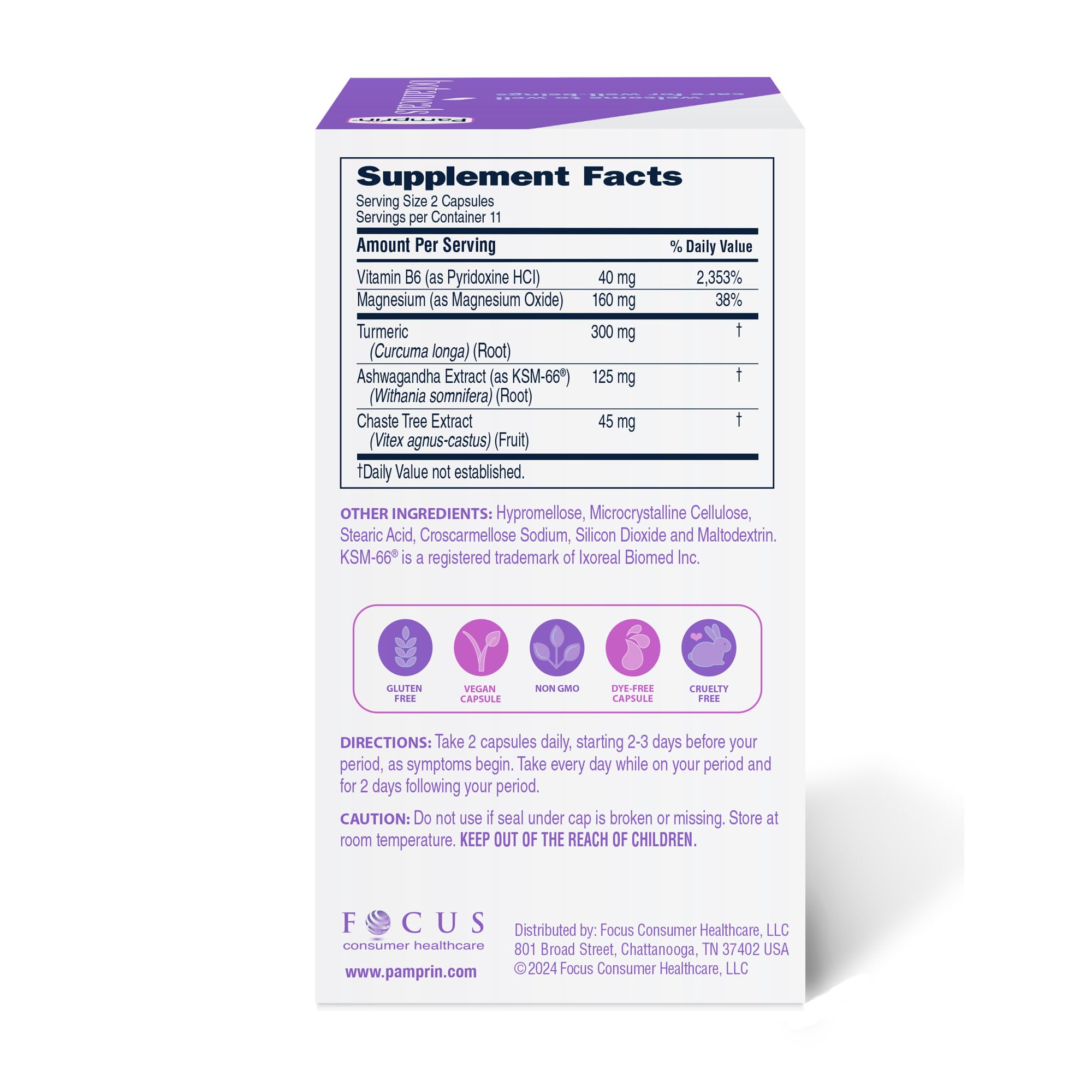 Pamprin Botanicals Supplement for PMS & Period Support, with Ashwagandha, Magnesium, Turmeric, Vitamin B6, Chasteberry, 22 Count — Amazon image 6