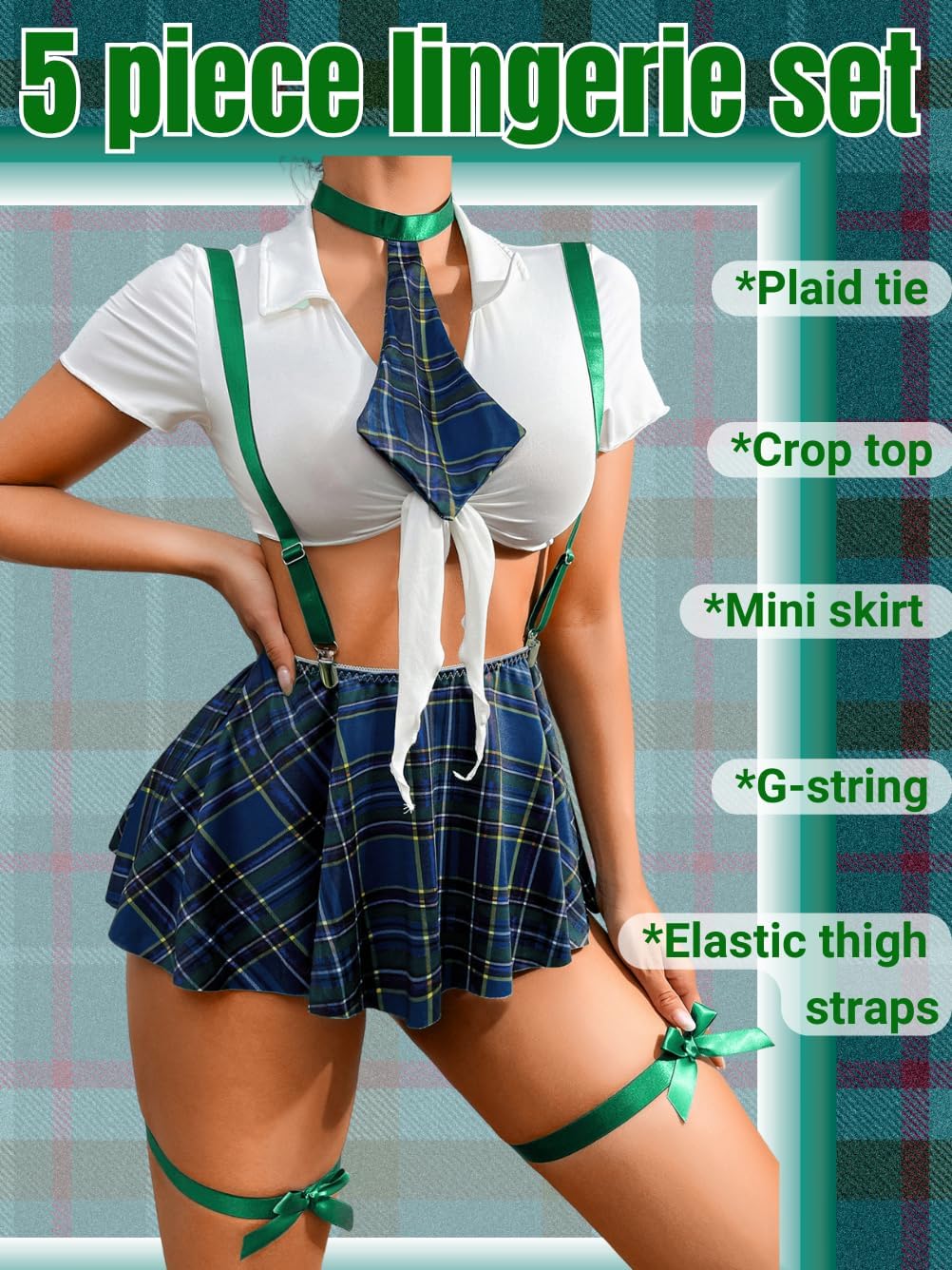 5 Piece Cosplay Costumes For Women,Halloween Lingerie Outfits,Tie Crop Top & Plaid Skirt Set - Image 2