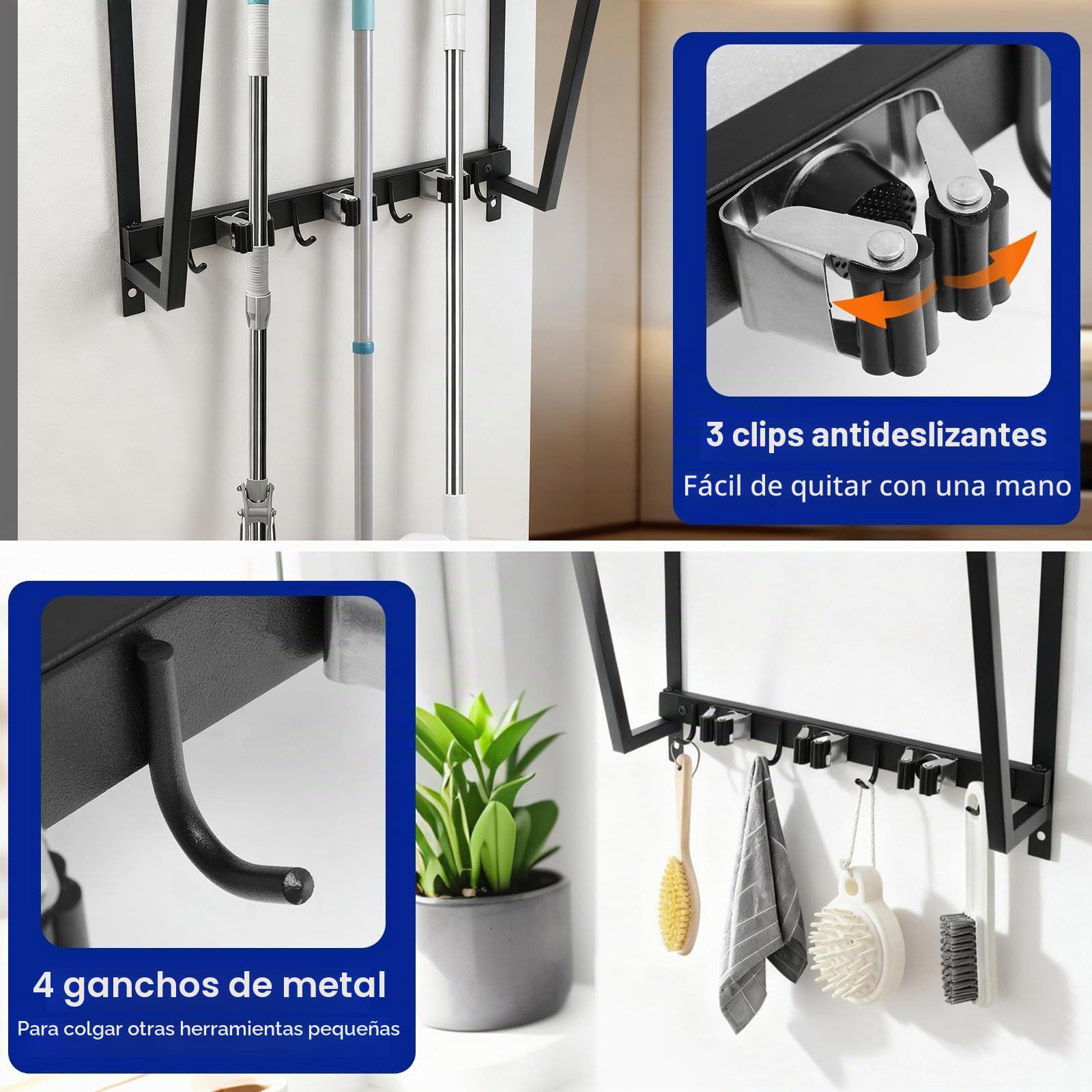 Colgador Escobas y Fregonas con Estantes de Pared con 3 Soporte, 4 Crochets, Organización y Almacenamiento para Cocina, Baño, Garaje y Jardín, Soporte Herramientas de Acero Inoxidable y Madera