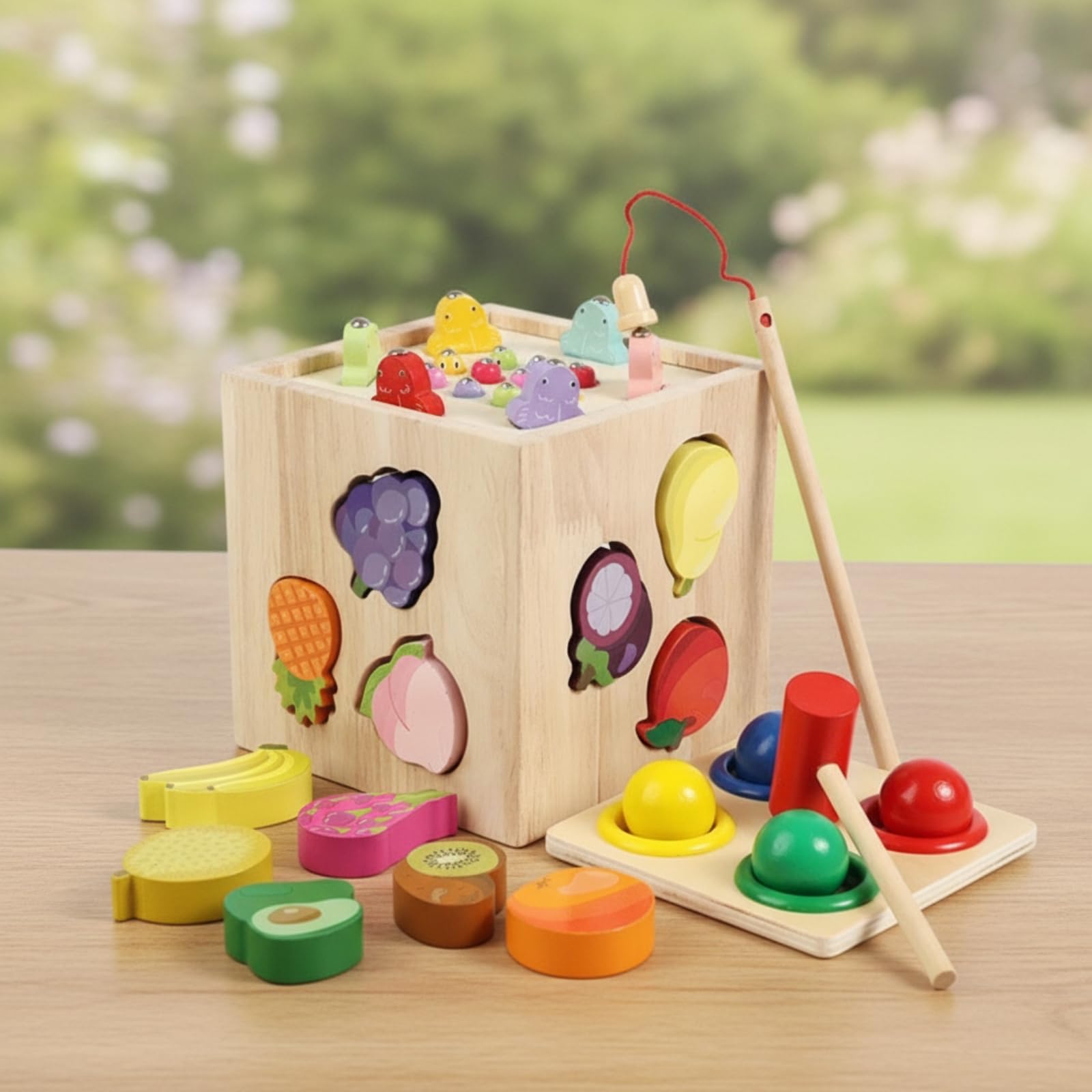 Blocchi Educativi Bambini Cubo attività Legno Cubo Sensoriale Multifunzionale Selezionatore Forme Frutta Martello in Legno Canna Pesca Pioli Superiori