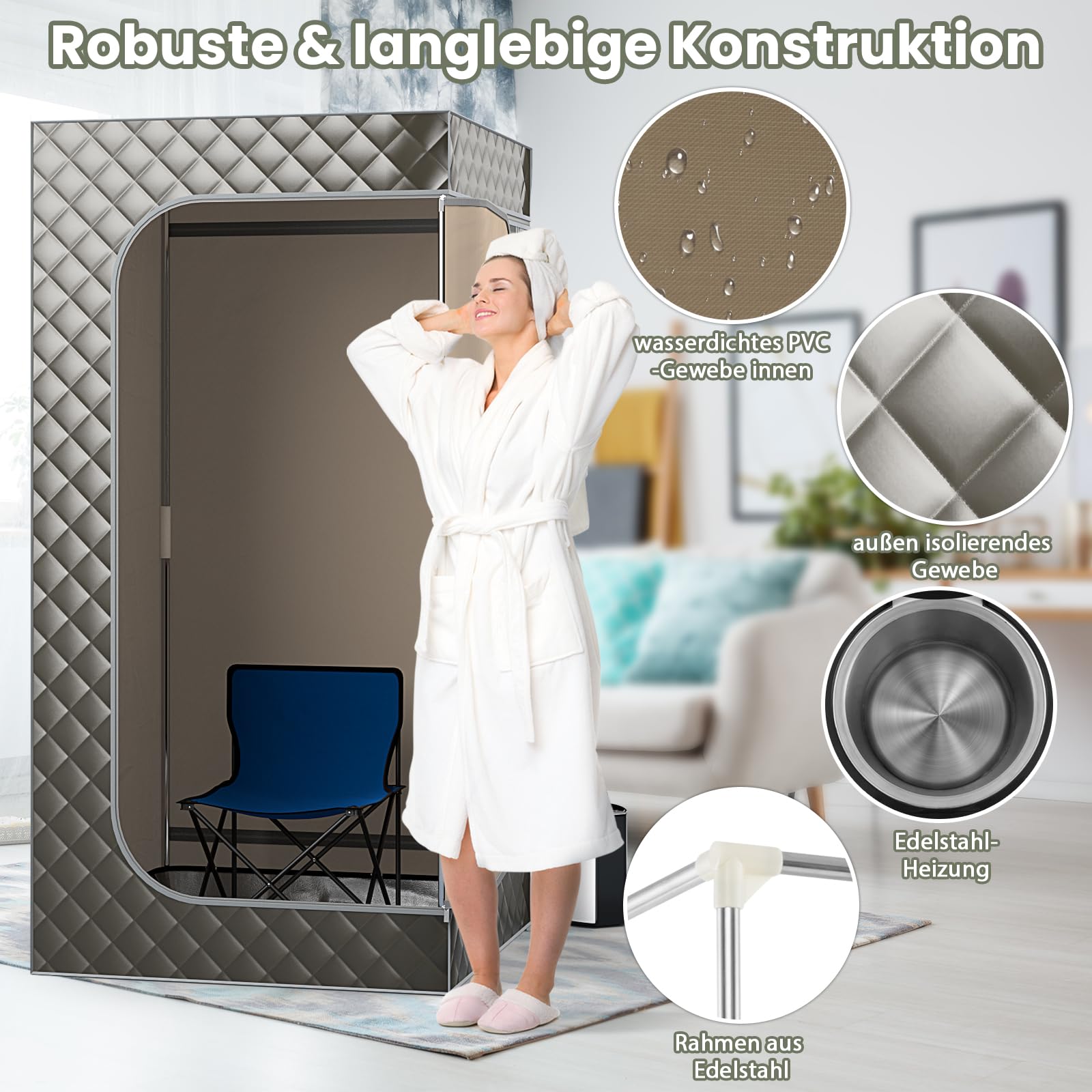 RELAX4LIFE Sauna Portátil 3L con Mando a Distancia y Silla Plegable, Sauna de Vapor con 9 Niveles de Temperatura, Temporizador 15-90 Min y Función de Nebulización, Mini Sauna 1000W (Gris)