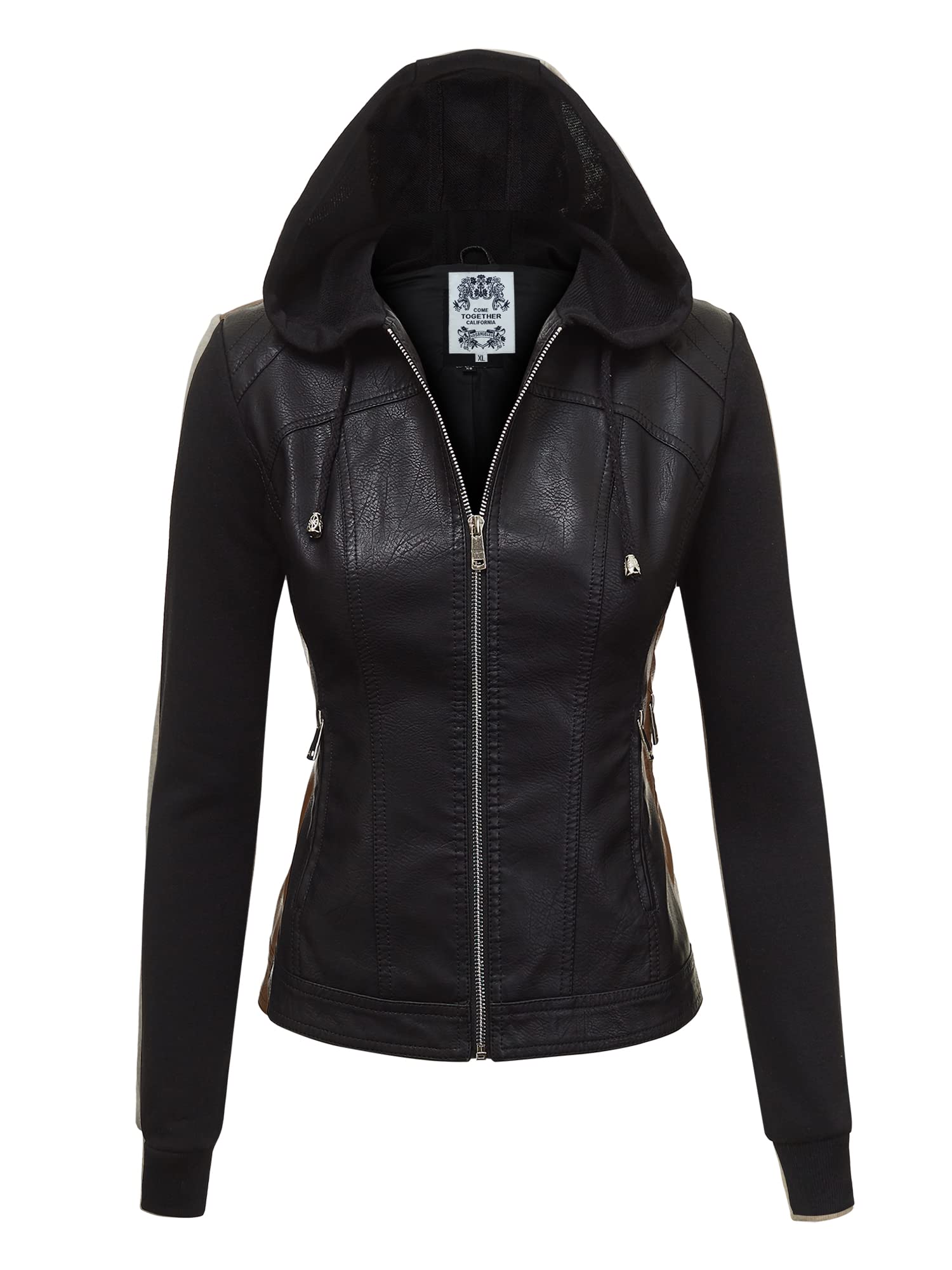 Women's Faux Leather Motorcyle Biker Jacket with Removable Hoodie
