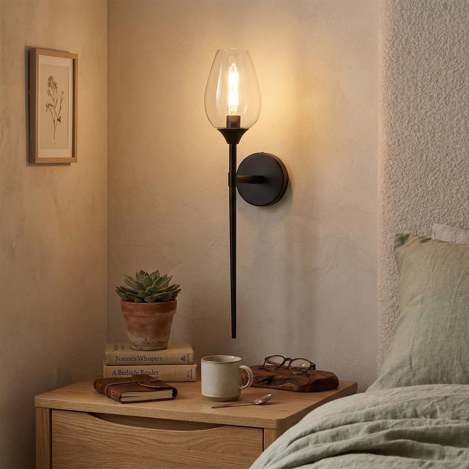 Rosnek 2er Set Wandleuchte Innen Schwarz, 61cm Moderne Glas-Wandlampe in Weinglasform, Inklusive E14 Leuchtmittel, Dekorative Kristall-Optik Wandbeleuchtung für Schlafzimmer, Wohnzimmer & Flur