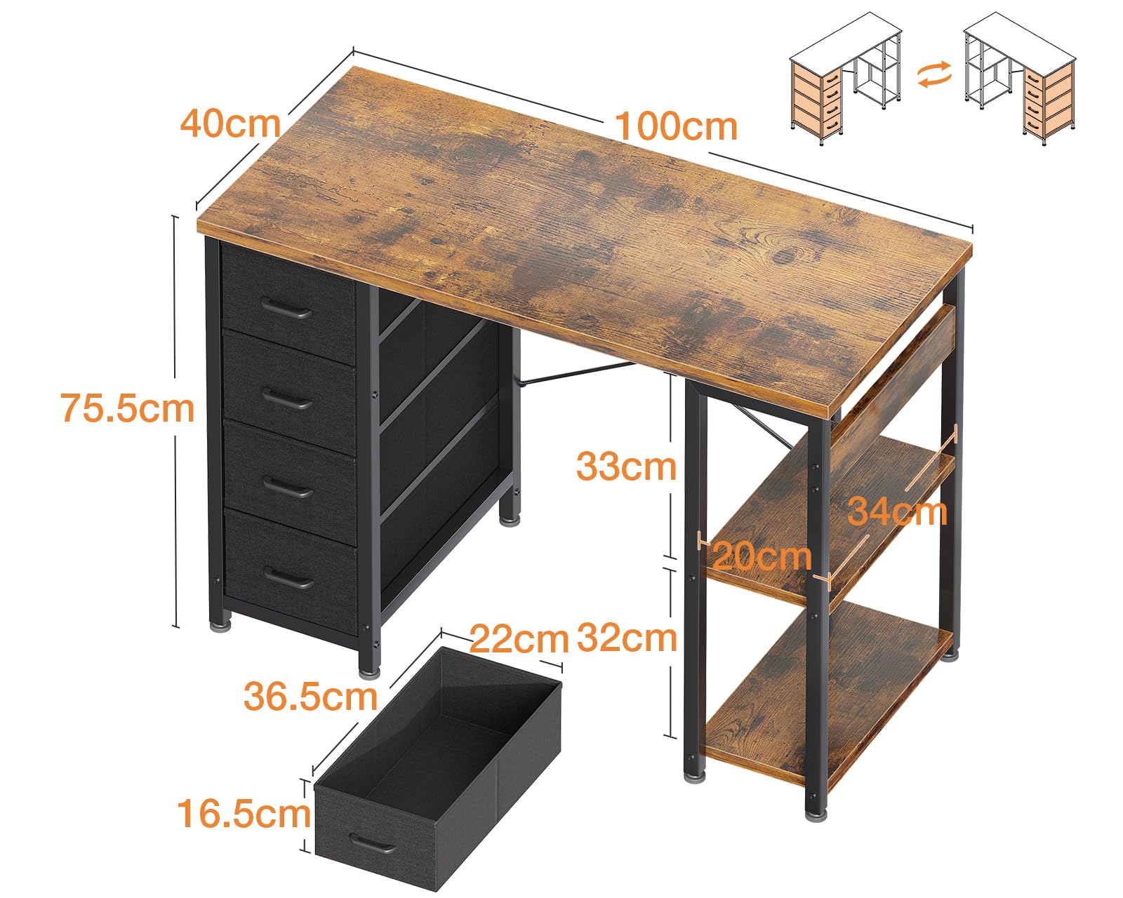 Coleshome Małe Biurko z 4 Szufladami z Tkaniny, 100x40cm Biurko z Odwracalnymi Półkami, Stół Komputerowy Stolik do Salonu i Domu, Brązowy