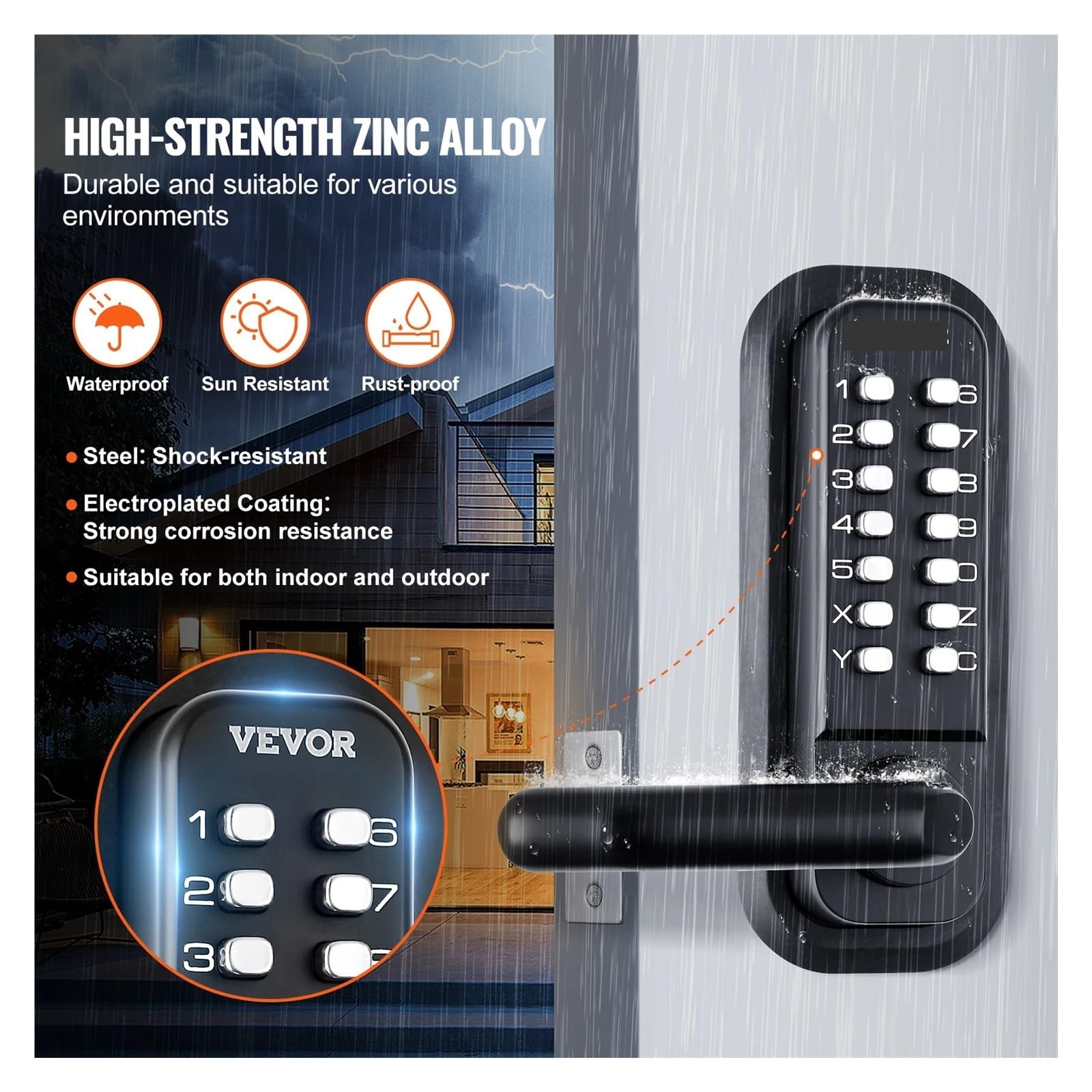Cerradura mecánica para puerta de entrada sin llave, teclado de 14 dígitos y mango integrado de una o dos caras