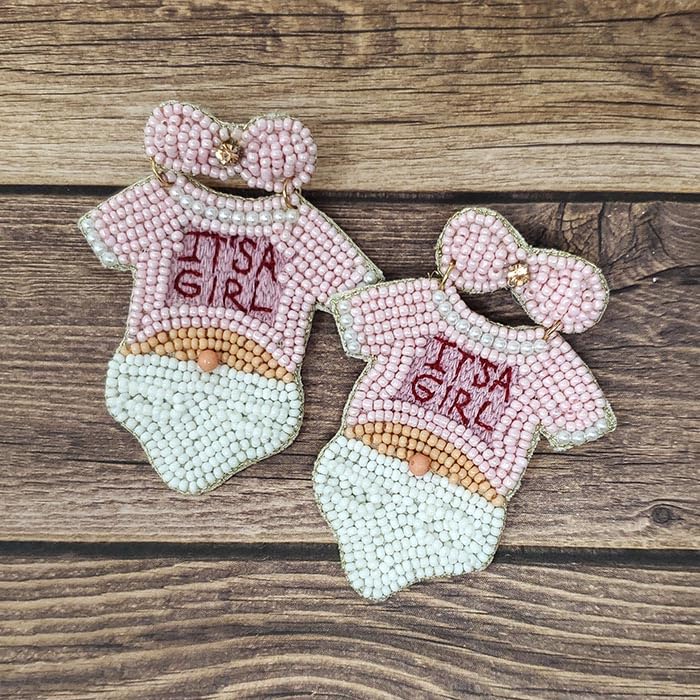 Beaded It's a Girl Post Earrings Handmade Baby Shower Onesie Mom Pink (Pink)3