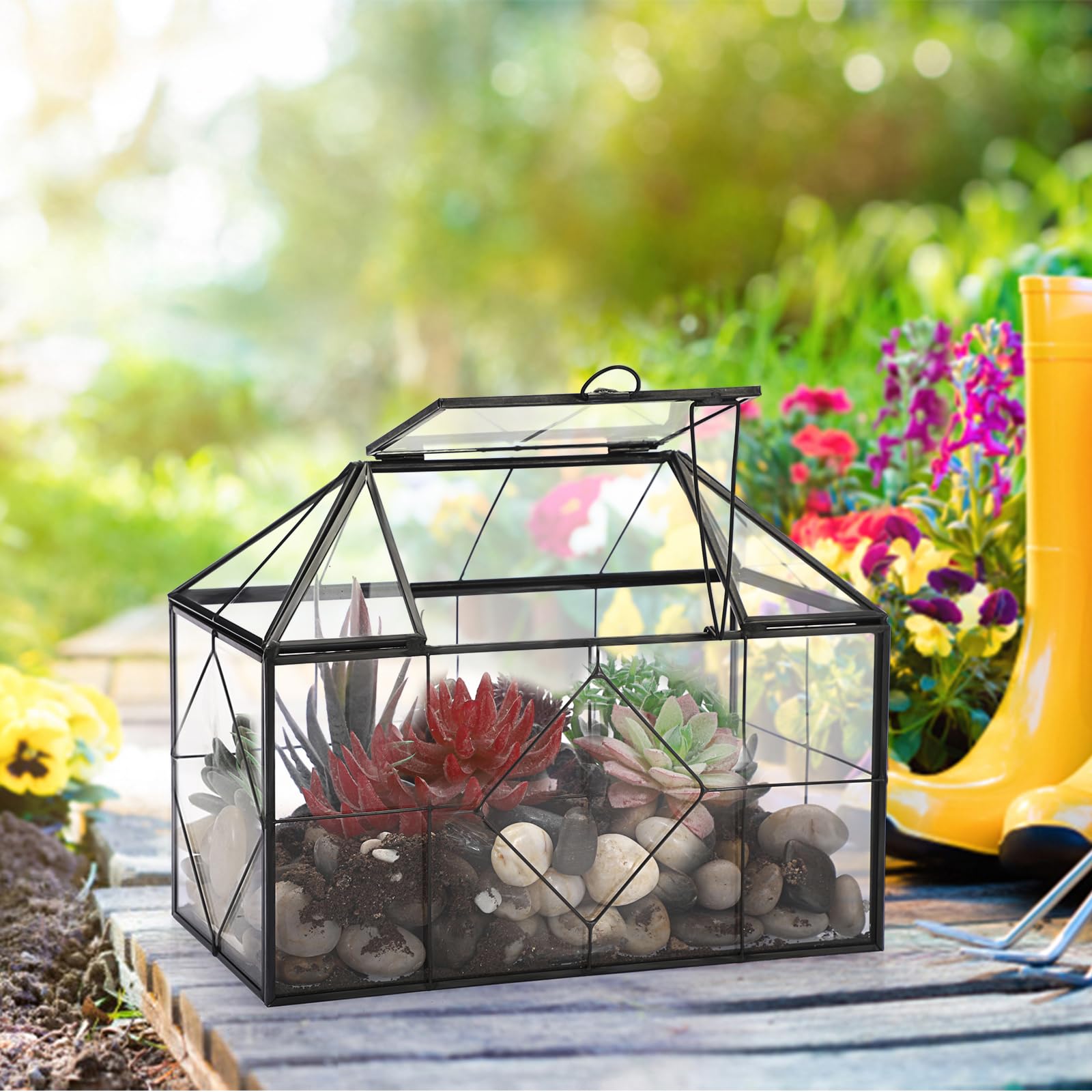 SUMTree Terrario de cristal negro para plantas con rejilla cuadrada, contenedor de musgo de jardín con tapa oscilante, caja de exhibición de plantas suculentas (rejilla cuadrada)