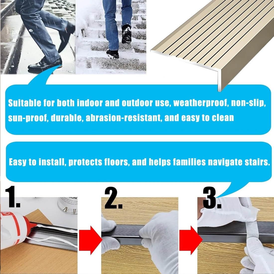 Perfil antideslizante de aluminio para escalera, 105/115/125 cm, protector de esquina de metal, acabado oro rosa, 100 cm y elegante solución de seguridad
