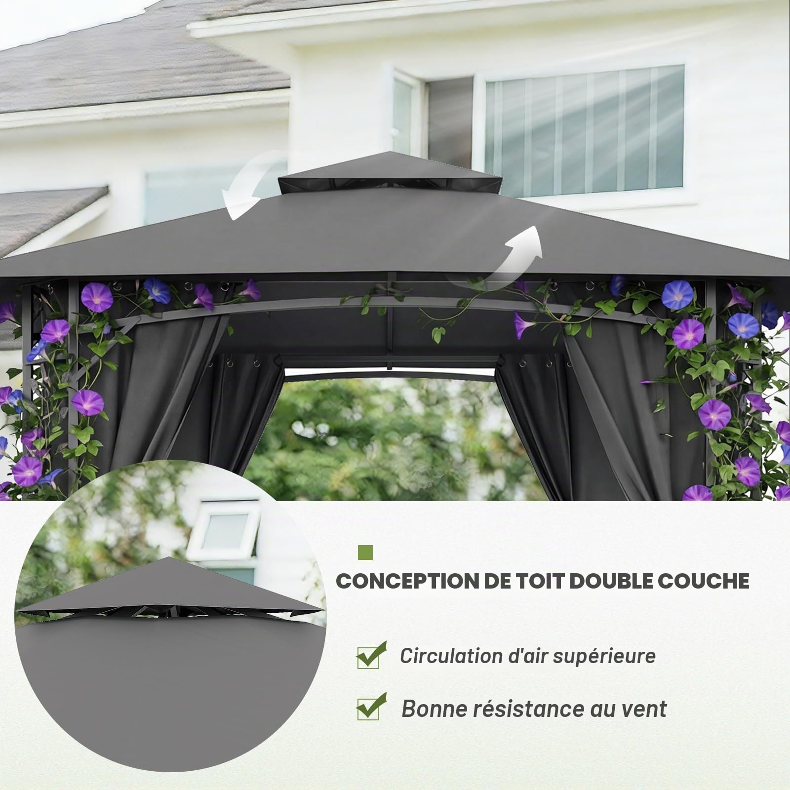 JUMMICO Pavillon de Jardin 3.3x3.3m en Fer avec Bac à Fleurs, 4 Parois Latérales, Stable, Résistant au Vent et aux Intempéries - Structure Métallique, Salon de Jardin, Gris