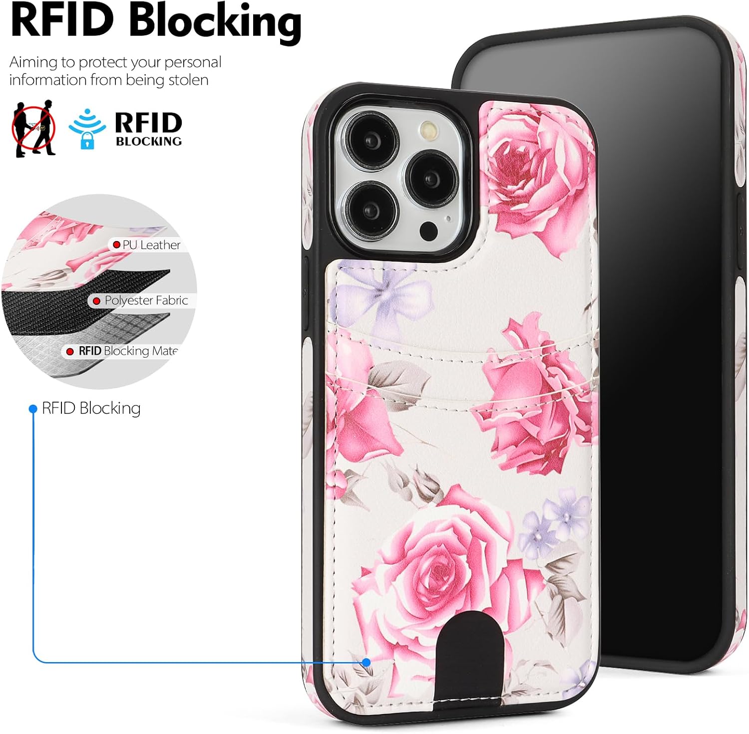 SkyEagle Compatible with Magsafe for iPhone 13 Pro Max Wallet Case with Card Holder Kickstand RFID Blocking Flip Cover Credit Card Slots PU Leather Men Women,for Apple 13 ProMax,White/Rose Flower image 3