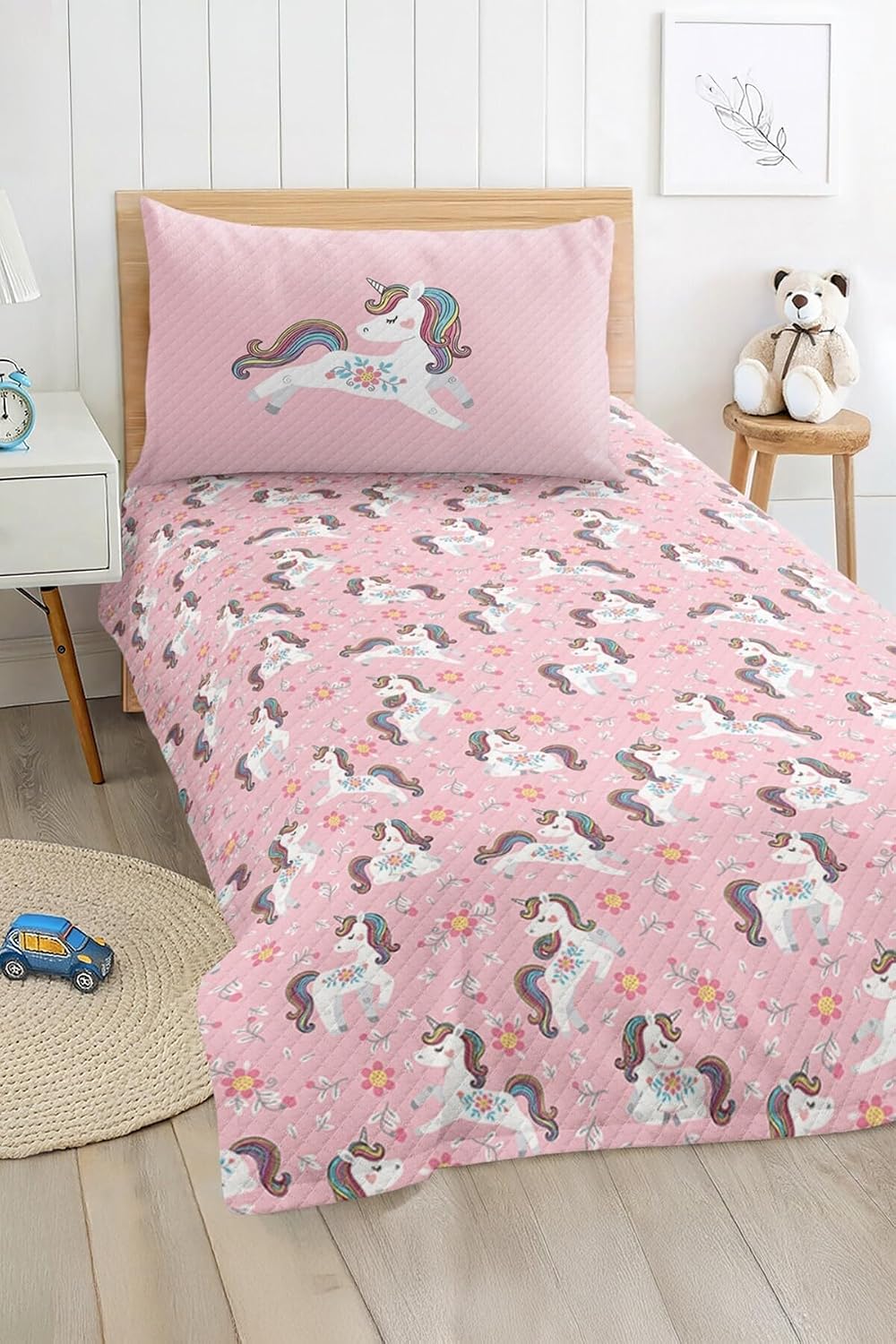 SODEF Quilt Set Twin Size Pink Unicorn and Flower Pattern for Girls, 2 Piece Cotton Polyester Blend Bedding for Kids - Multicolor, One Size