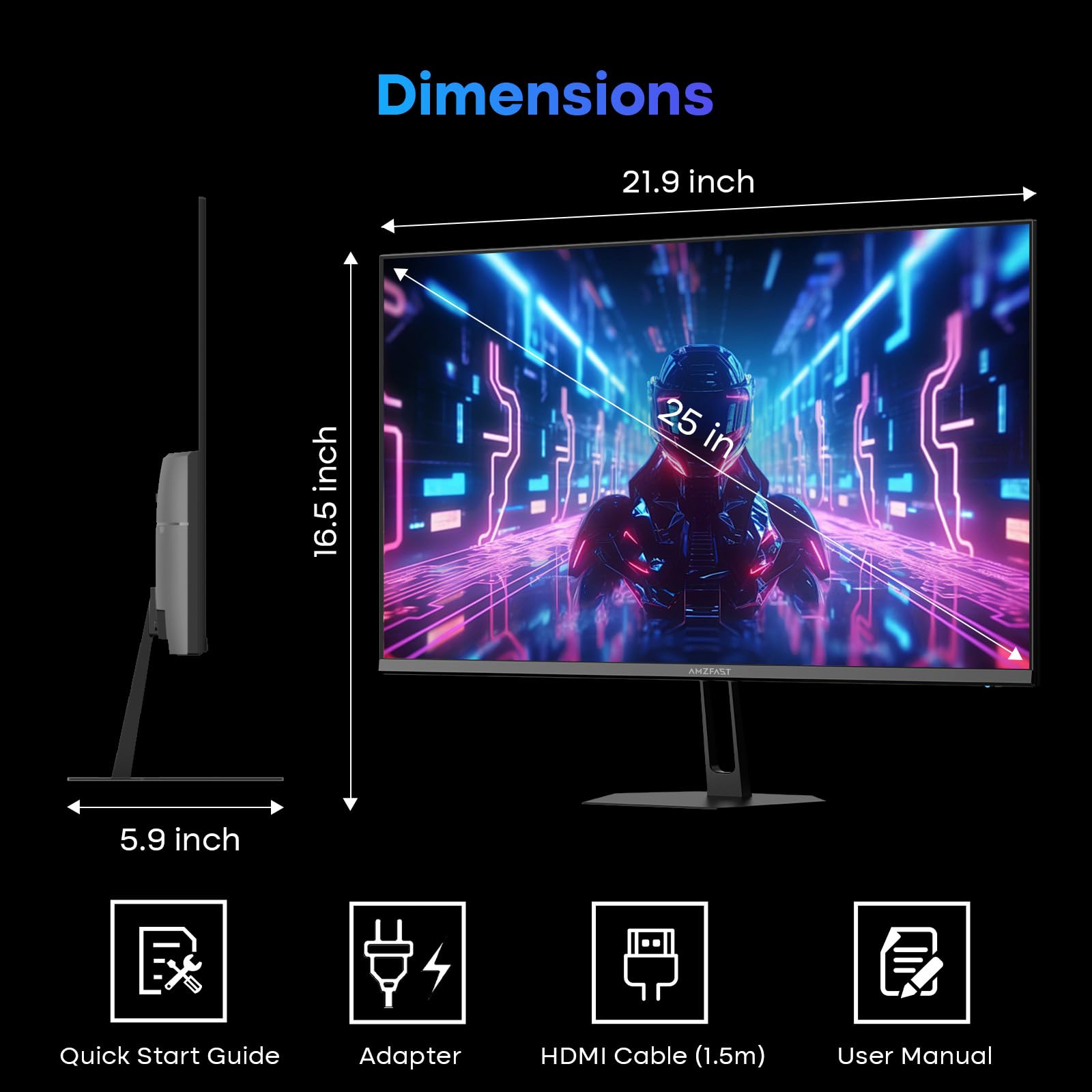 Amzfast 25 Inch Gaming Monitor,1920x1080 Full HD, 200Hz, Fast IPS Panel, Built-in Speaker, 1ms MPRT, Adaptive-Sync, DCI-P3 95%,sRGB 124%, Slim Base, VESA 75x75mm, HDMI 2.0&DP 1.4, AMZG25X1 — view 8