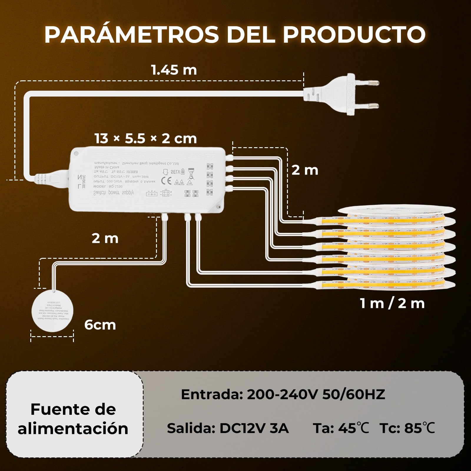 COB Tira LED 6 x 1M con Control Táctil Regulable para Paneles Acústicos, Vitrinas, Armarios, Cocinas, Vinotecas, Estantería, 3000K