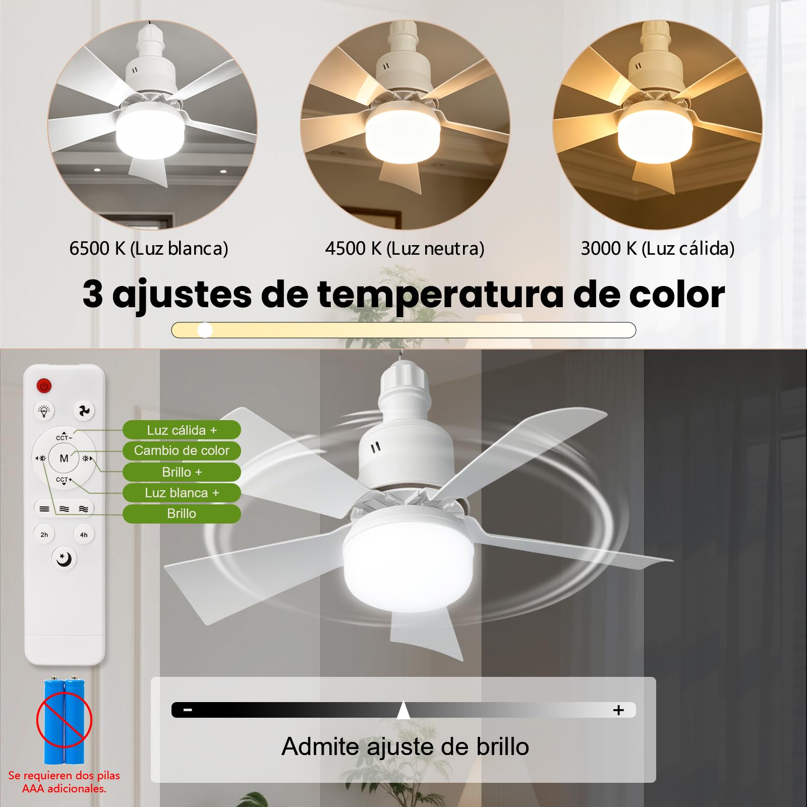 GAGAFEEL Ventilador de Techo con Luz E27 30W, 3 Velocidades, 3 Temperaturas Luz Regulables, Mando a Distancia, Temporizador, Silencioso, Ceiling Fan para Dormitorio, Salón y Cocina (Blanco, 46CM)