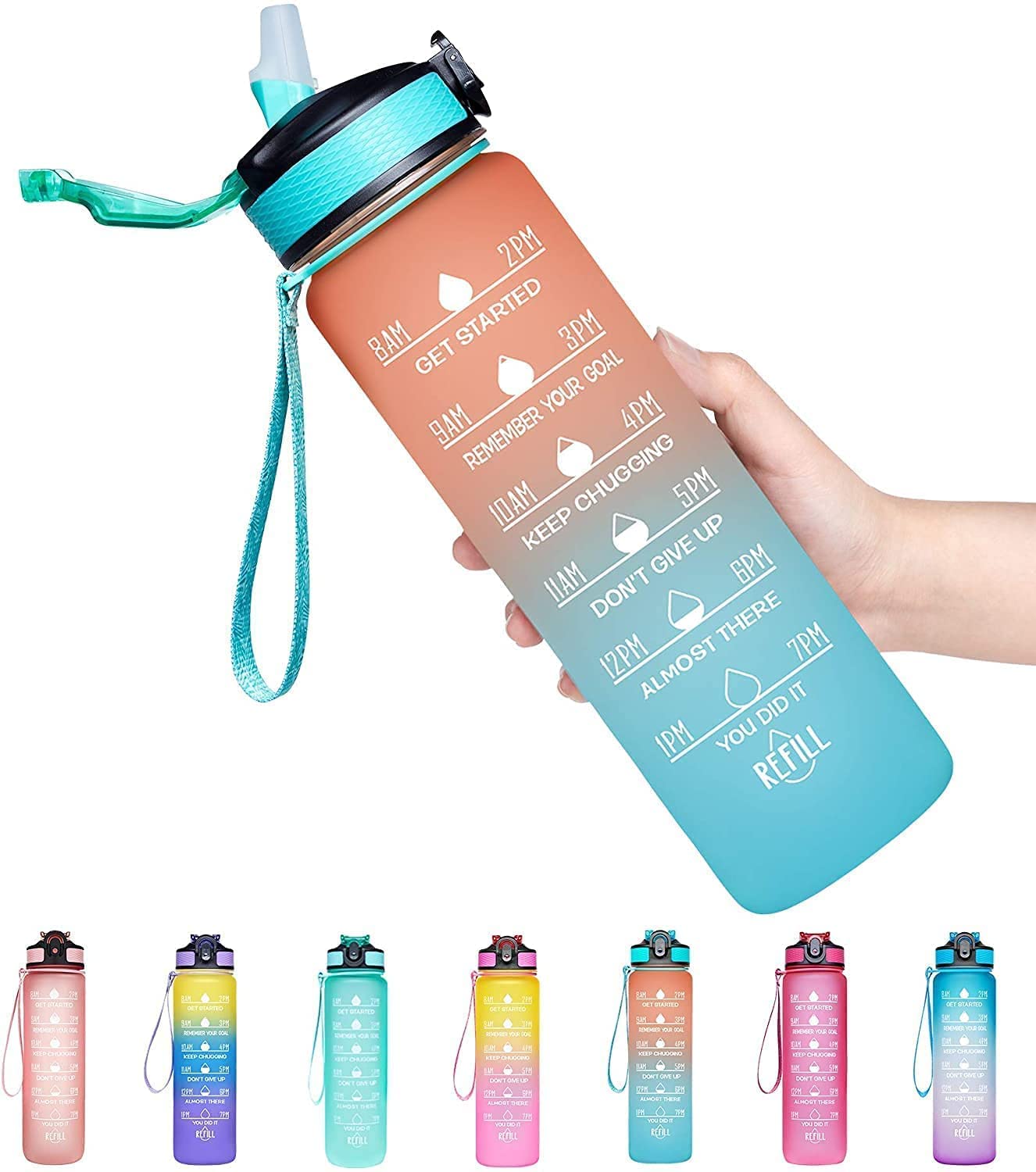 KB TRADE Motivational Water Bottle 1 L - 1000 ml Time Marker with Straw, Leakproof BPA free Non-toxic Silicone Water Bottle for Office, Sports, Gym, School
