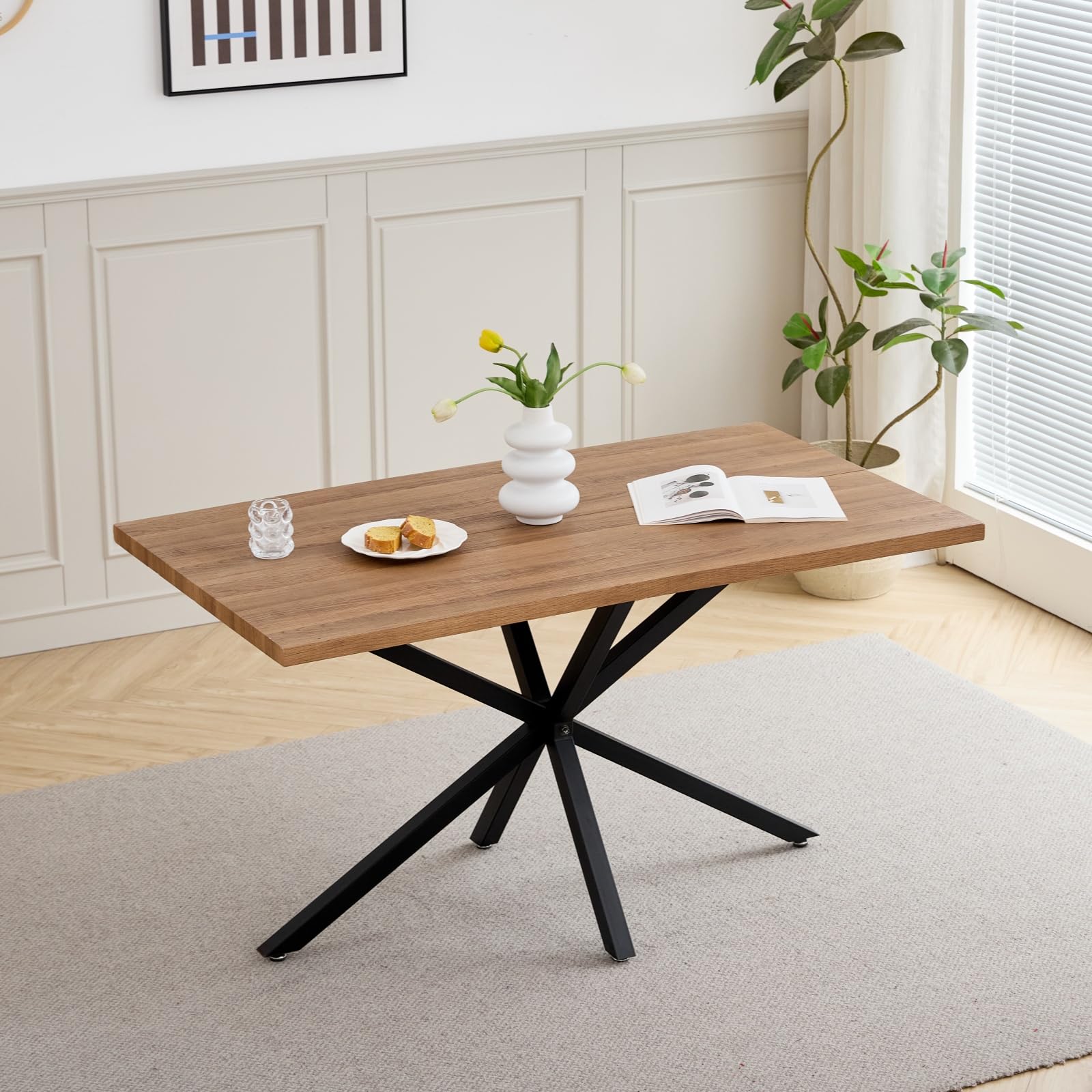 GrandCA HOME Set Tavolo e Sedie da Pranzo, Tavolo da Pranzo Rettangolare da 140 cm, 4 Sedie in Polipropilene a Rete, Adatto per Cucina, Sala da Pranzo e Soggiorno - Legno Scuro + Nero