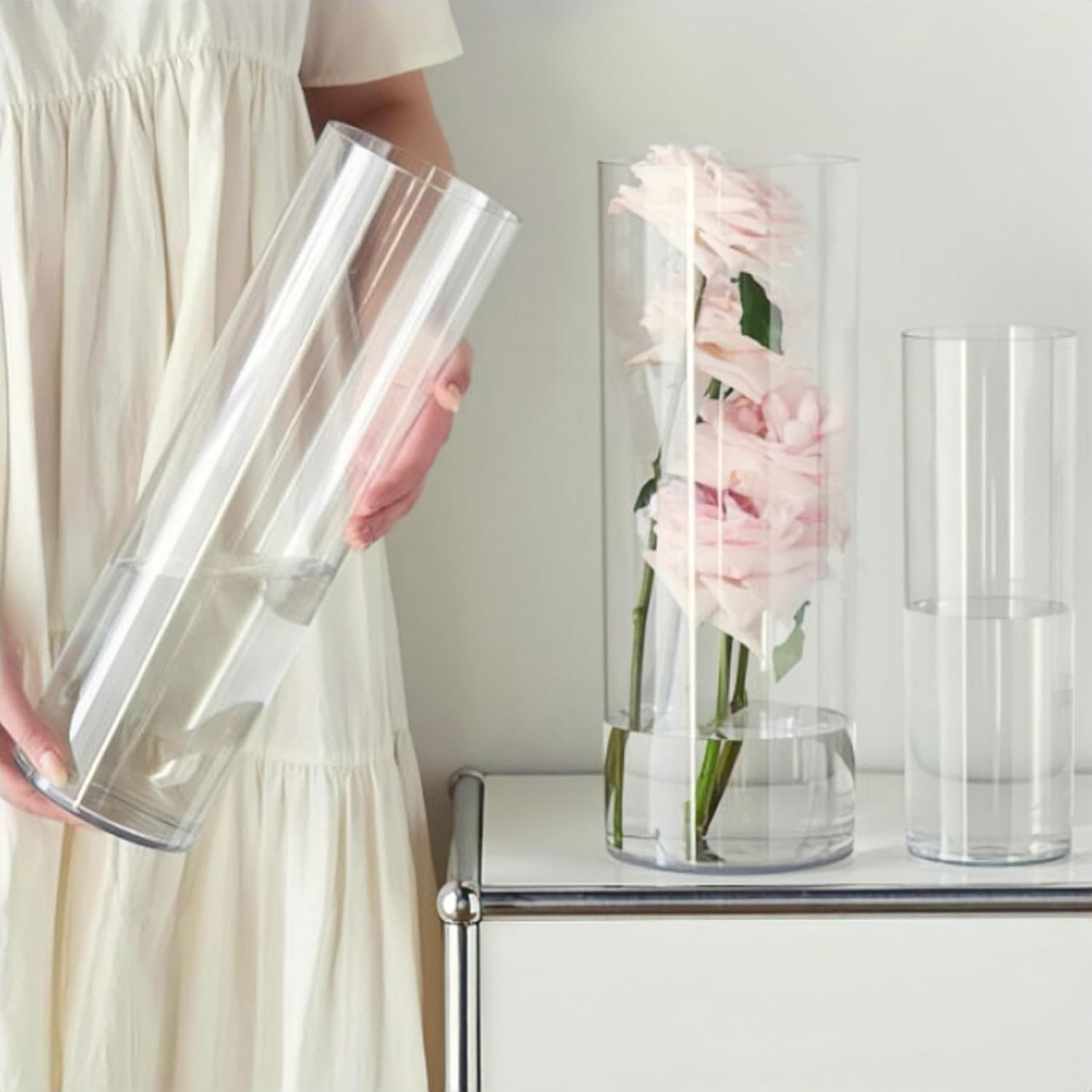 3 Clear Acrylic Cylinder Vase for Centerpieces, Tall Cylinder Plastic Hurricane Vases, Large Unbreakable Flower Vases for Wedding Bouquet (D 4.8", D 6" X H 15.8" +D 4" X H 12") 3 Clear - Xl