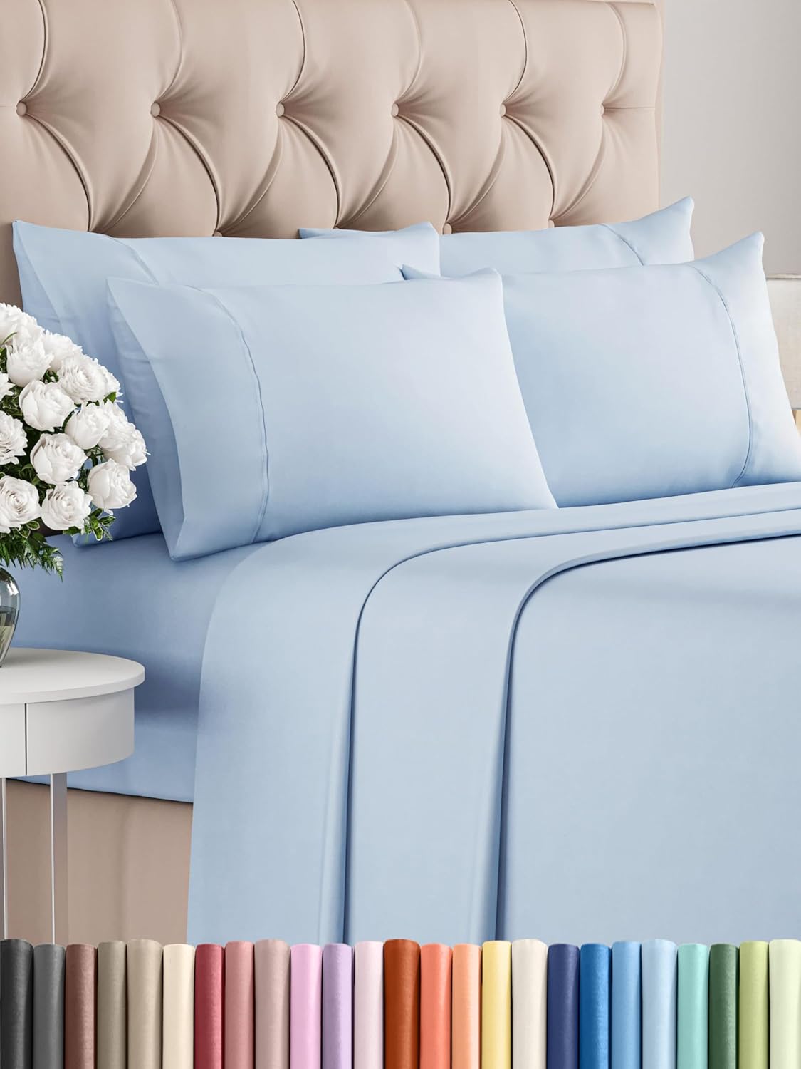 Full 6 Piece Sheet Set - Cooling Sheets for Hot Sleepers - Hotel Luxury Bedding Set with 8-16 Inch Deep Pockets - 1 Flat & 1 Fitted & 4 Pillowcases - Ultra Soft, Easy Care & Wrinkle Free - Sky Blue