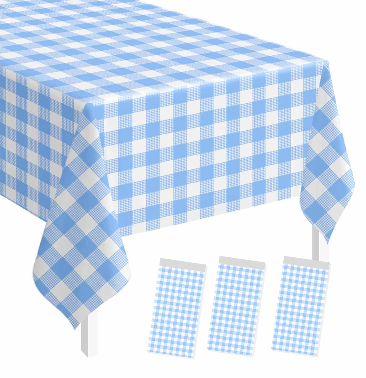SietDESEO 3 Pack Light Blue Gingham Tablecloth Rectangle 54 x 108 Blue and White Checkered Table Cloth Disposable Plaid Table Cover Plastic for Birthday Baby Shower Picnic Wedding Party Supplies