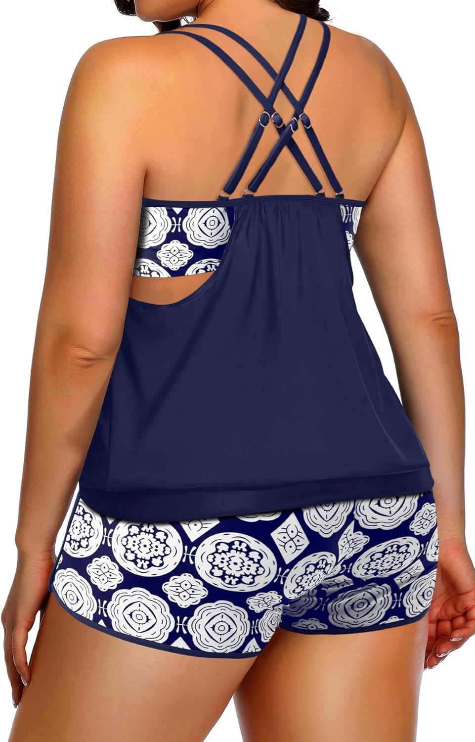 Plus Size Tankini Swimsuits Women - Blouson Two Piece Tummy Control Bathing Suit Criss Cross Tankini Top with Shorts - Image 2